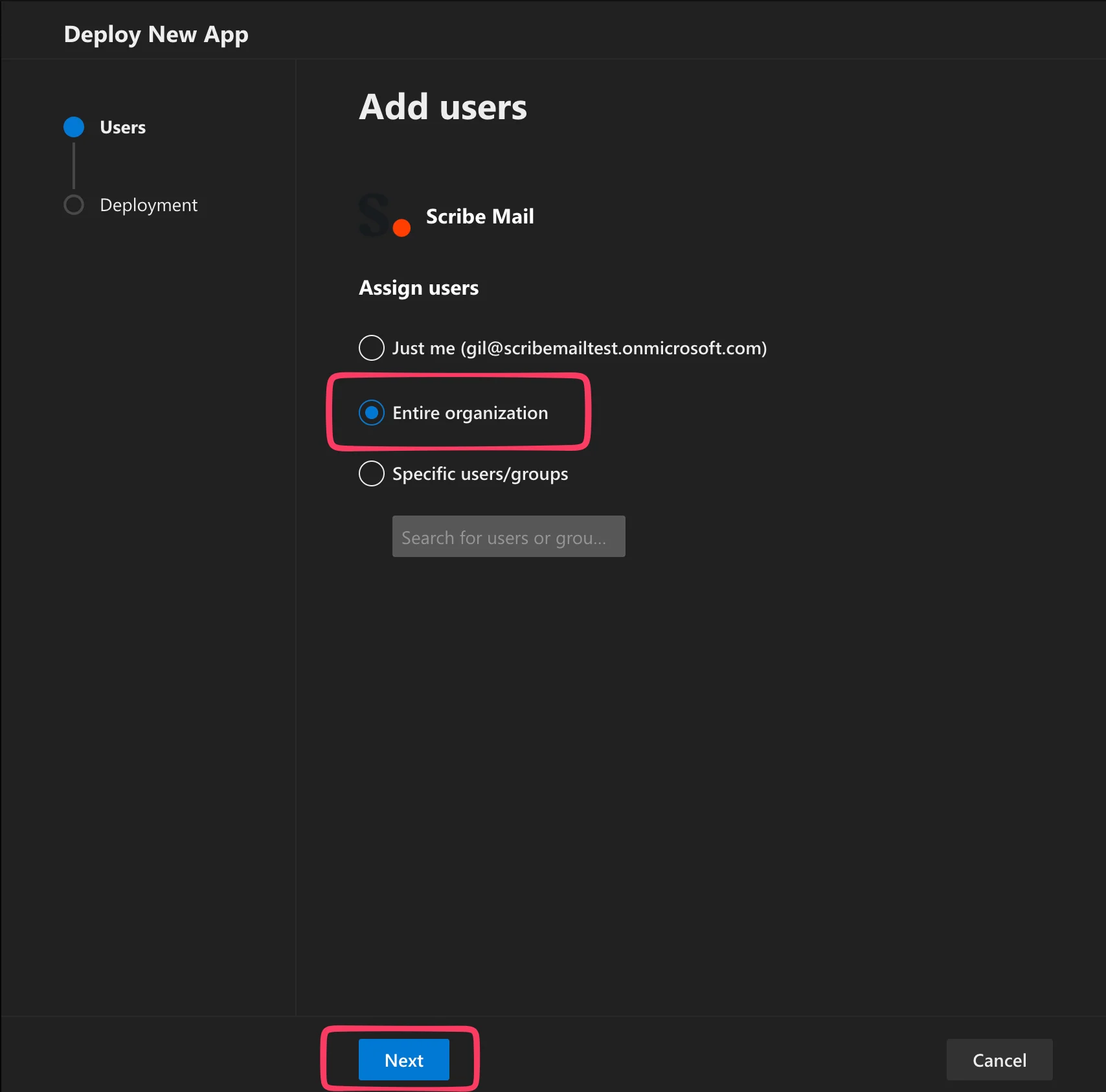 Layar Deploy New App dengan opsi Entire organization disorot dan tombol Next