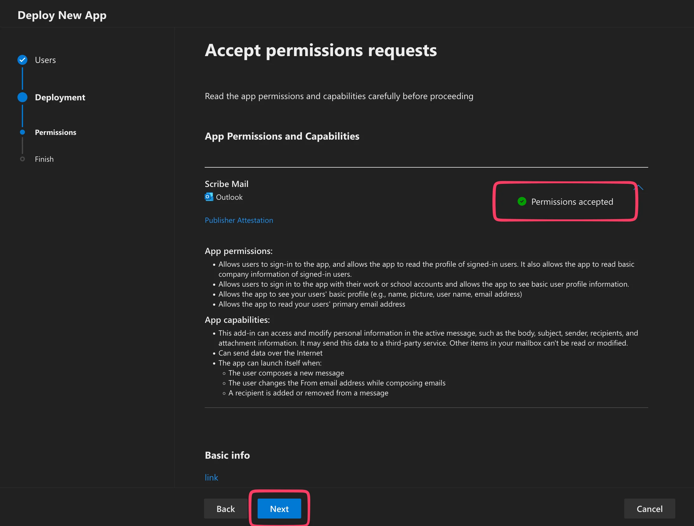 Layar permintaan persetujuan izin dengan badge Permissions accepted dan tombol Next disorot