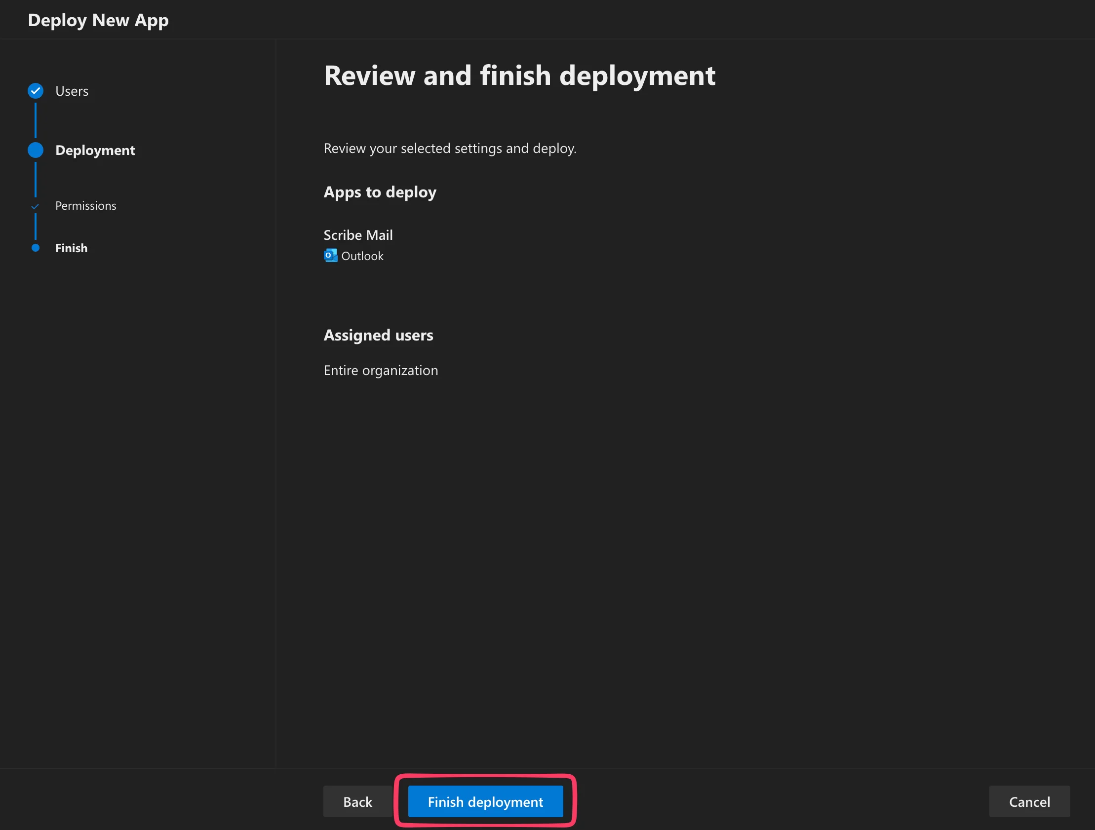 Layar review and finish deployment dengan tombol Finish deployment disorot