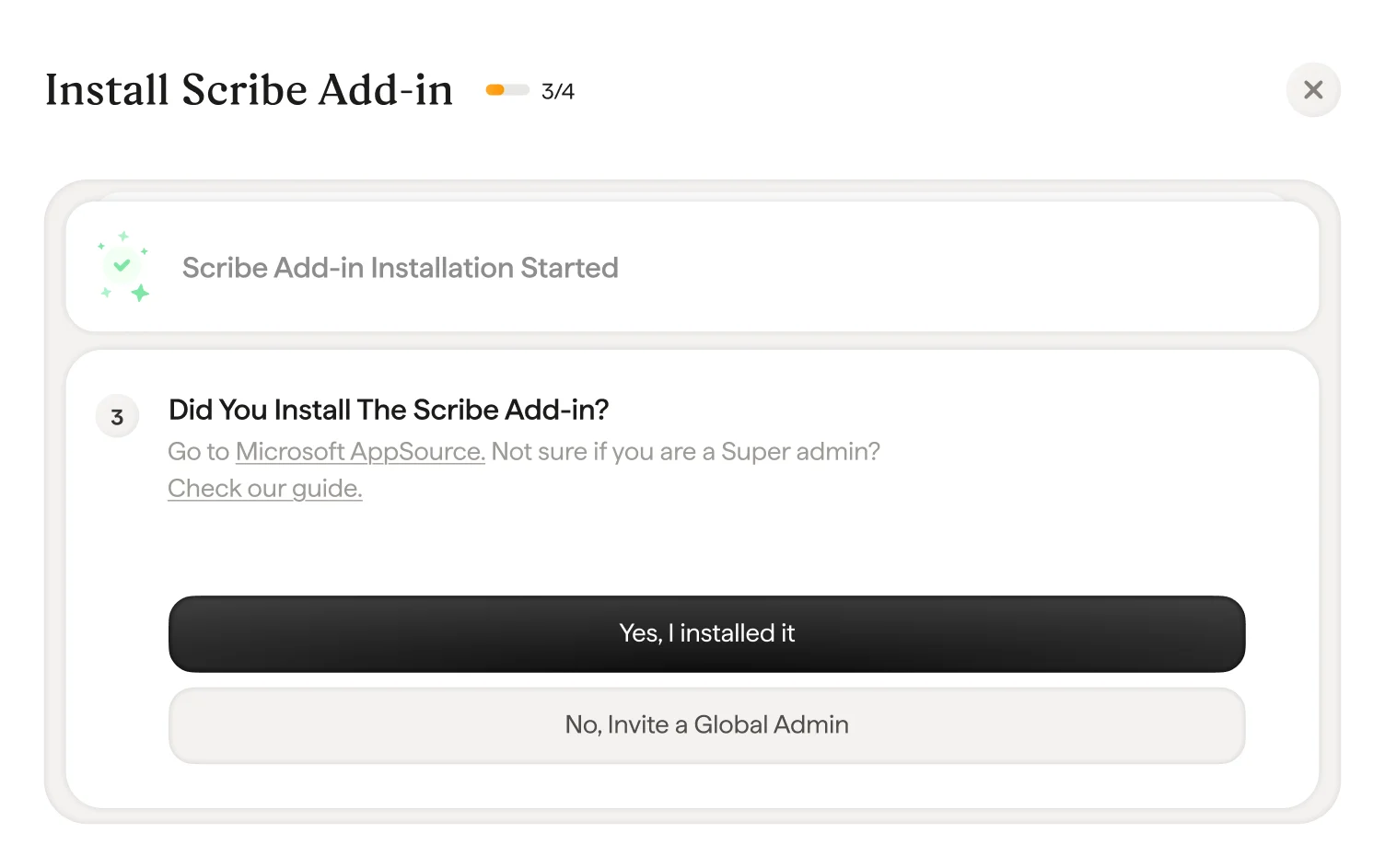 Layar validasi add-in Scribe dengan tombol Yes I installed it