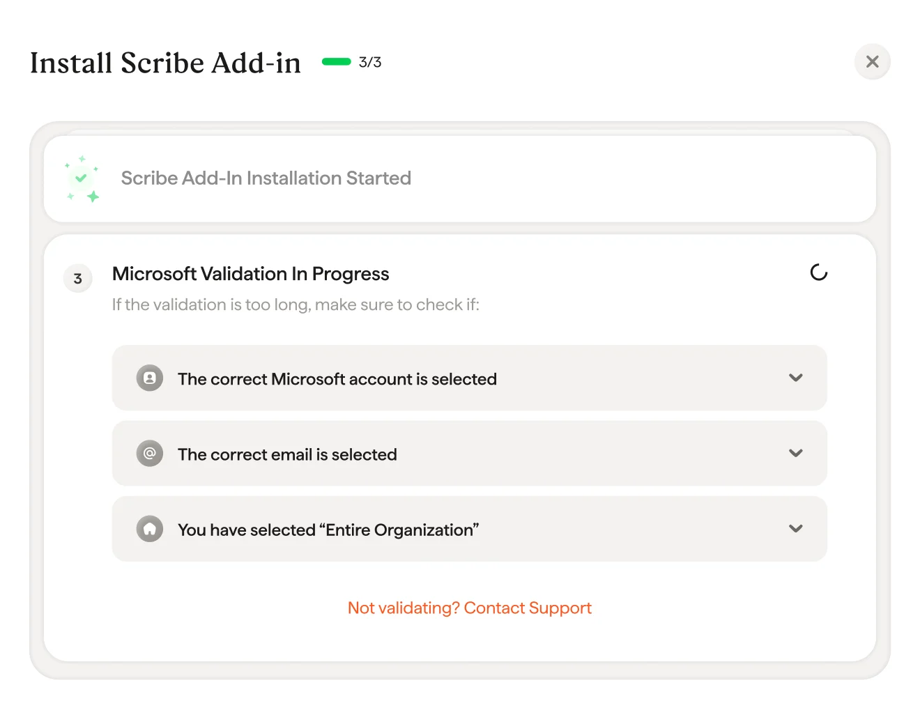 Layar validasi Microsoft sedang berlangsung dengan checklist troubleshooting