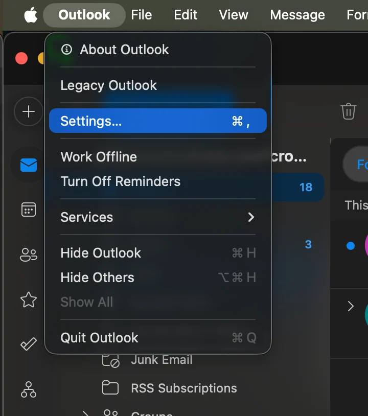 Menu des paramètres d'Outlook Mac