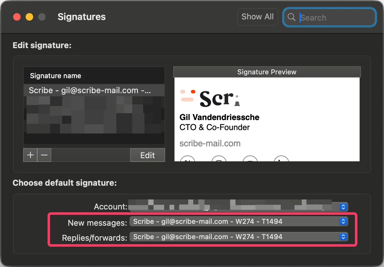 Définir la signature Scribe comme signature par défaut pour les nouveaux messages et les réponses/transferts