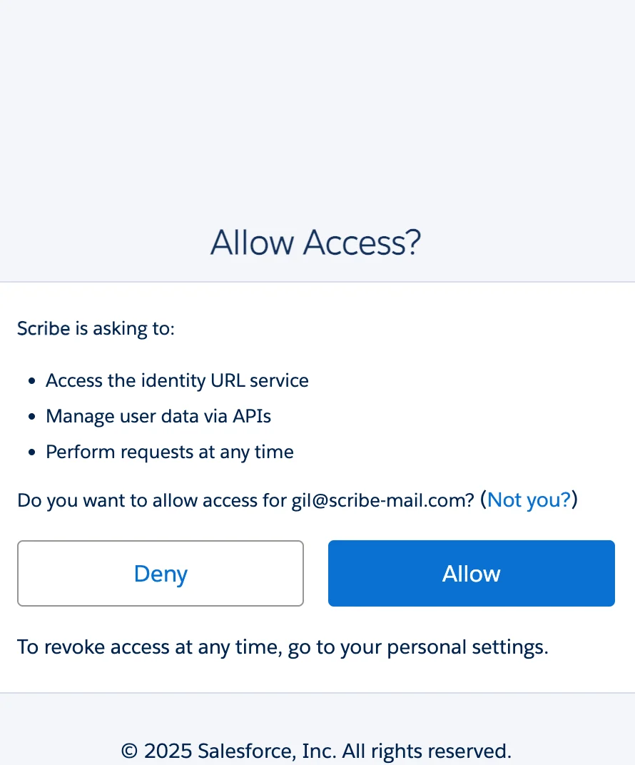 Salesforce-autorisatiescherm met de toegangsrechten van Scribe