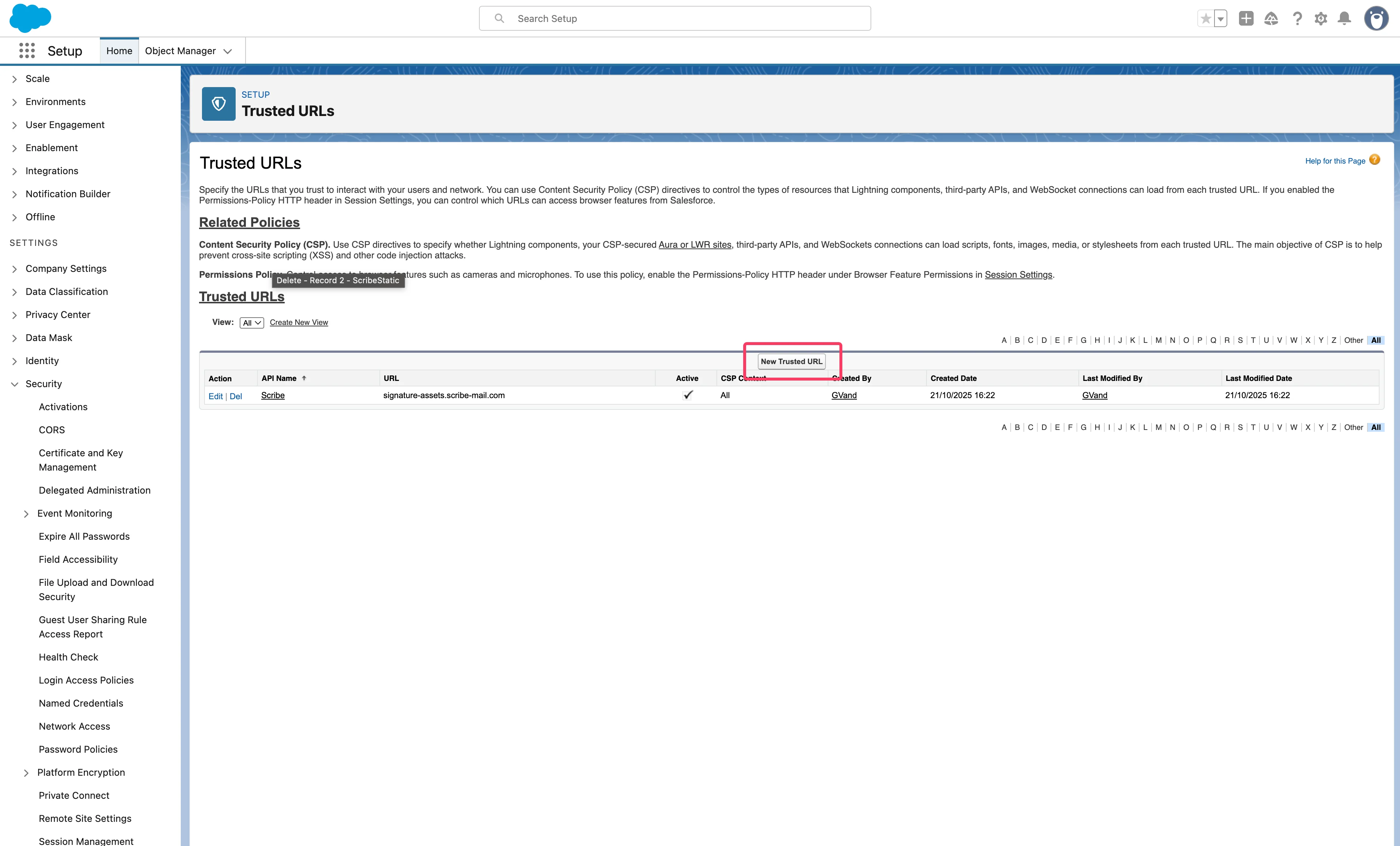 Instellingenpagina Trusted URLs in Salesforce
