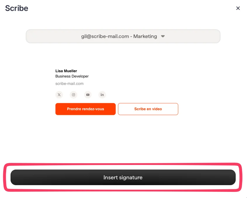 Scribe modal with signature preview and Insert signature button