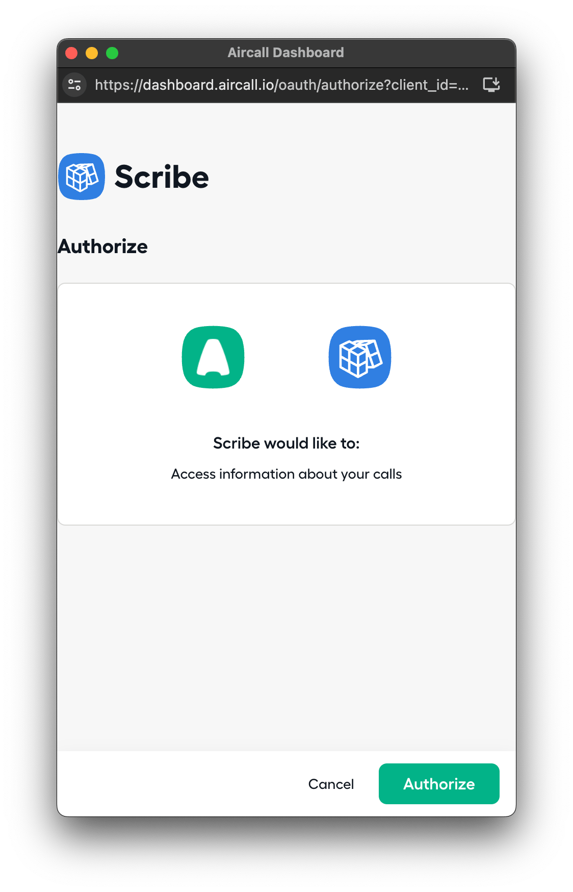Aircall authorization screen showing Scribe requesting access to call information