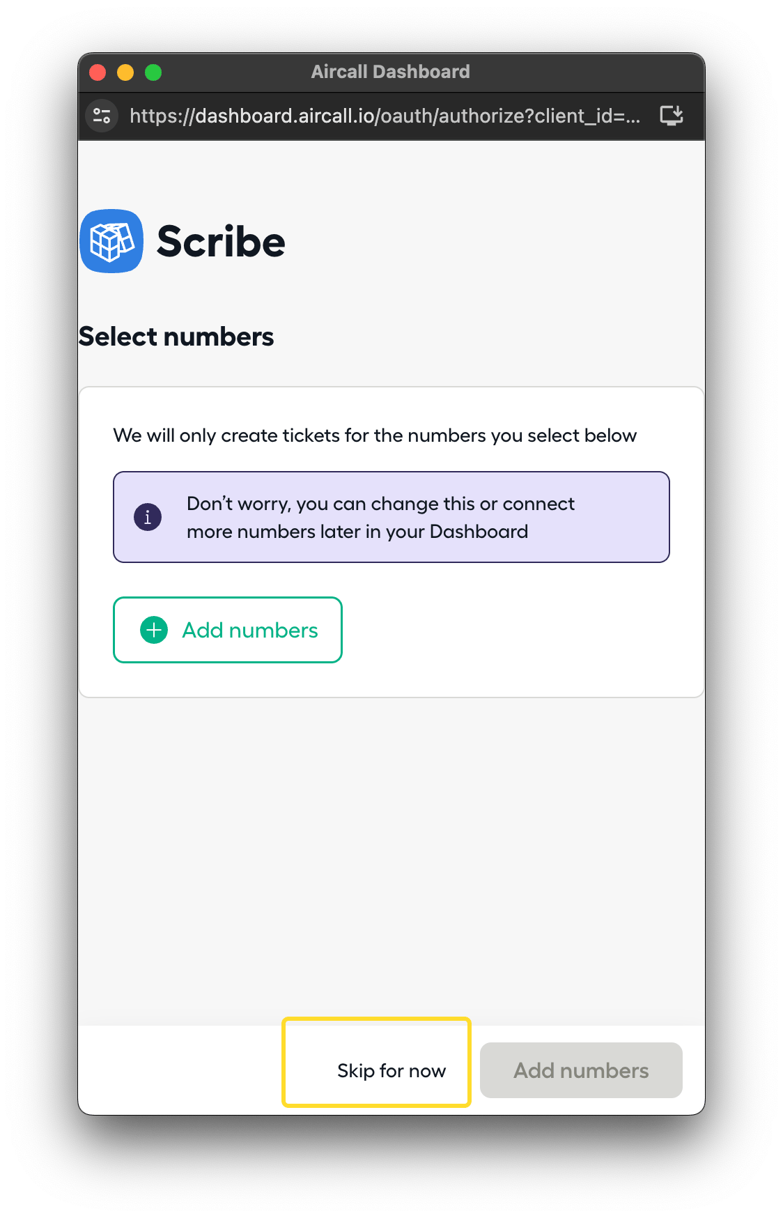 Aircall Select numbers screen with Skip for now button
