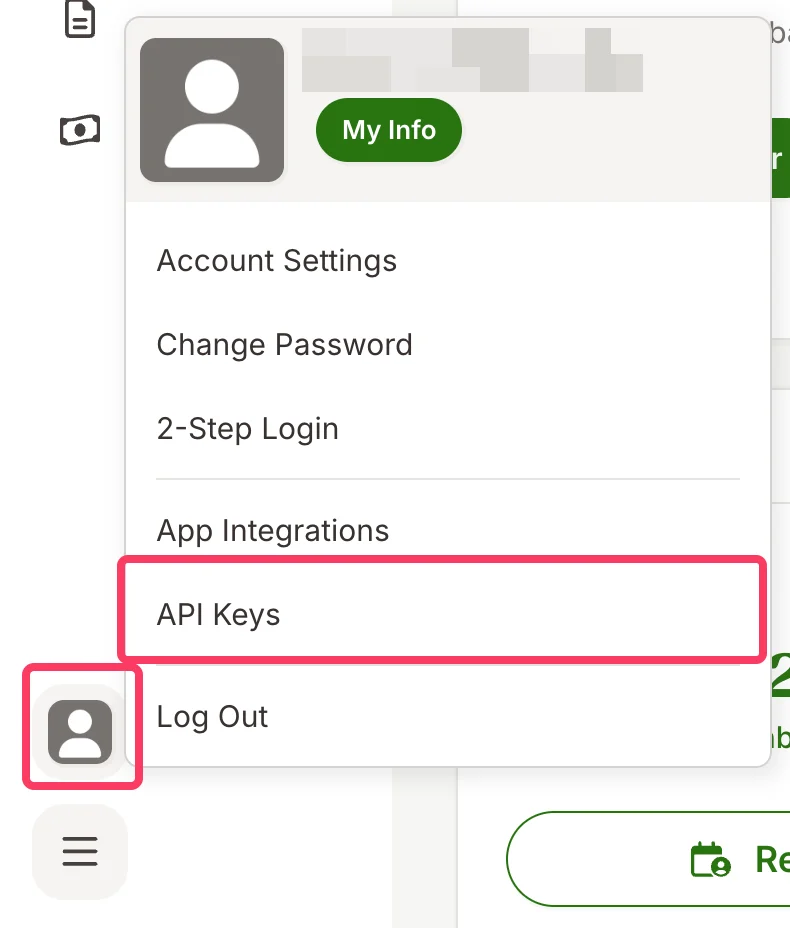 Menu profilo BambooHR con l'opzione API Keys