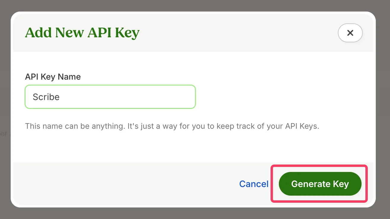 Finestra Add New API Key con campo nome e pulsante Generate Key