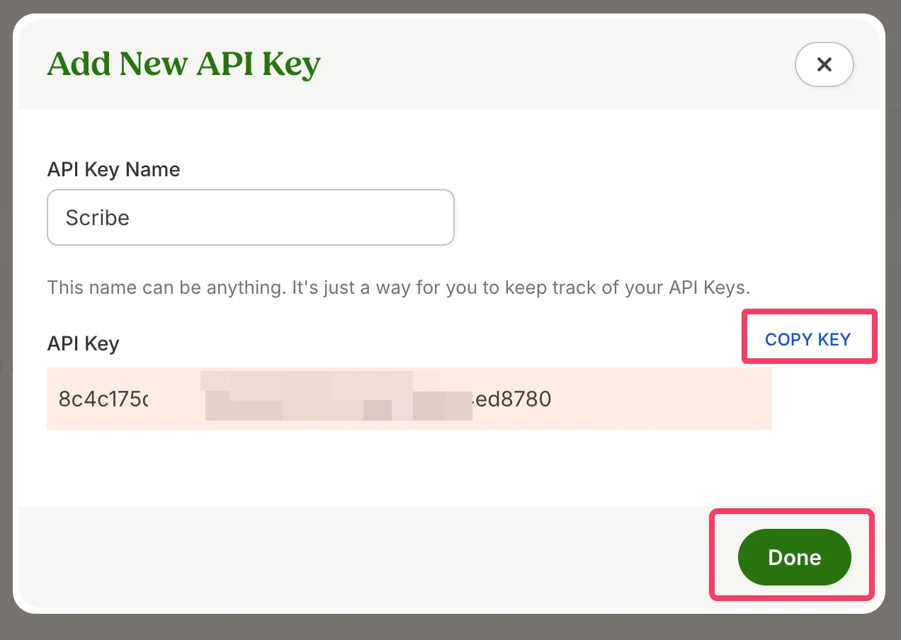 Chiave API generata con pulsanti Copy Key e Done