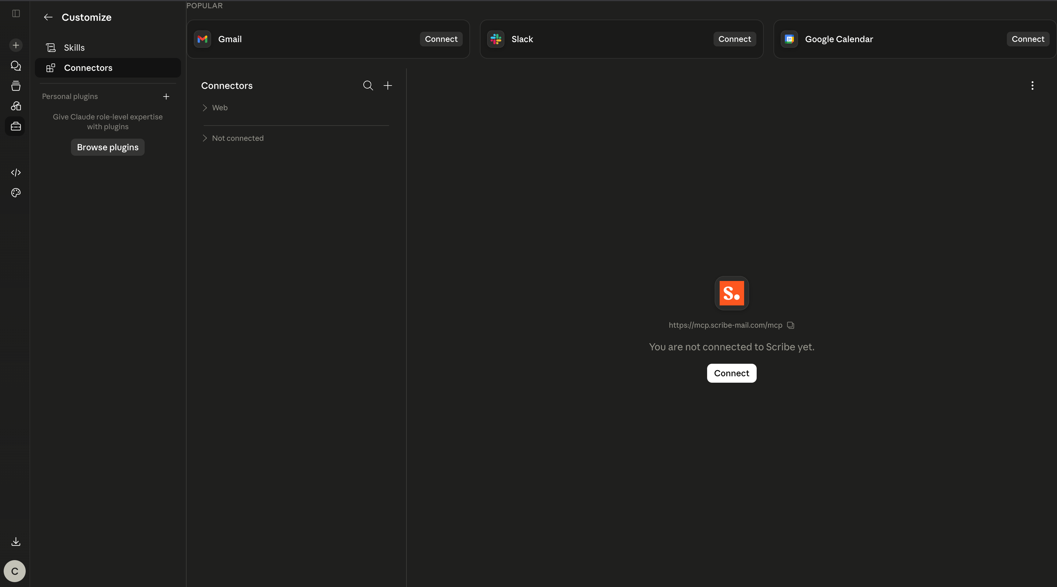 로그인 전 Connect 버튼이 있는 Claude의 Scribe MCP 커넥터 목록