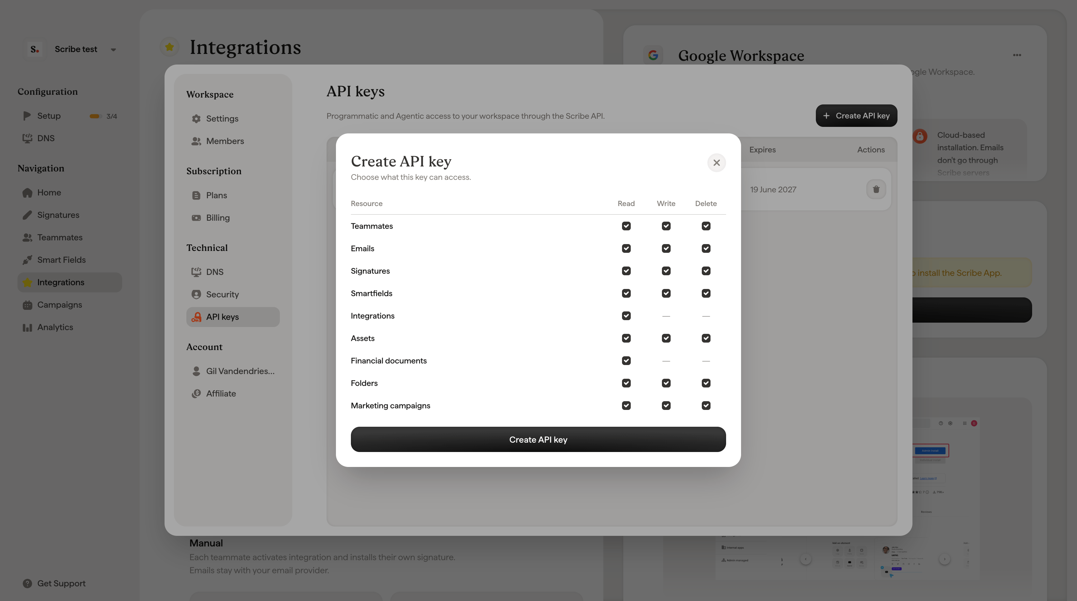 Scribe Create API key dialog with Read, Write, and Delete scope checkboxes for each resource, including signatures, teammates, emails, and assets