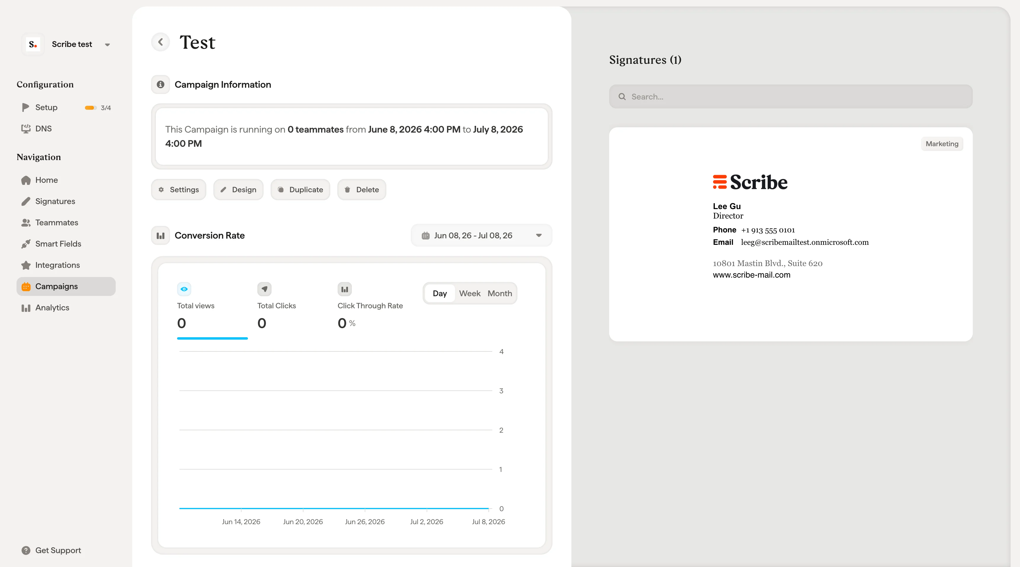 Detailseite einer Kampagne mit einem Conversion-Rate-Diagramm, das Aufrufe, Klicks und Klickrate zeigt, sowie einer Signaturvorschau