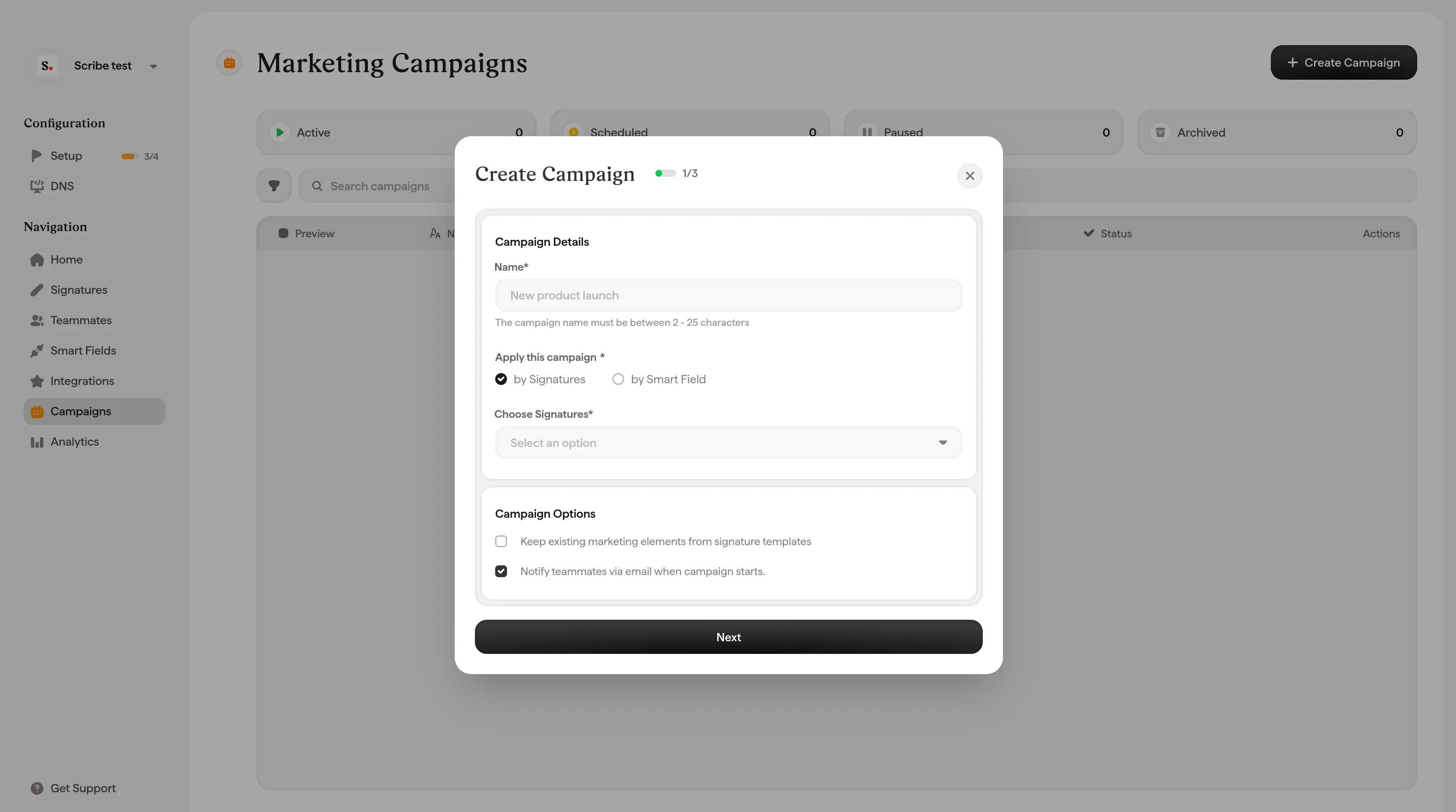 Modal „Create Campaign“ mit Kampagnendetails, Name, Signatur-Aussteuerung und Kampagnenoptionen