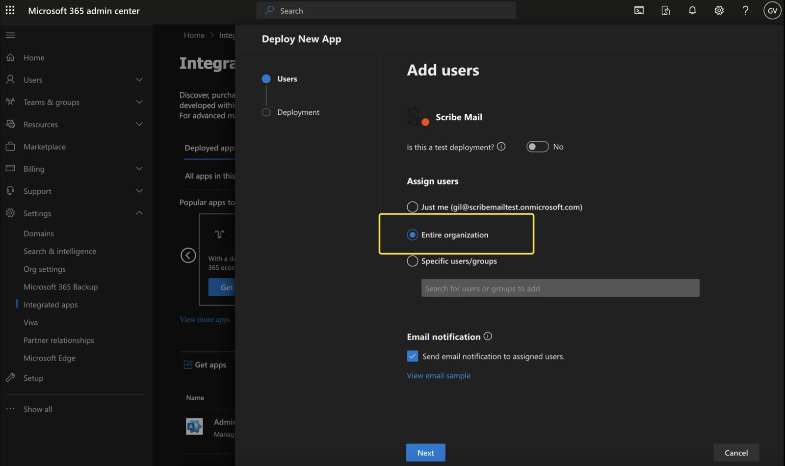 Microsoft 365 admin center add-in deployment with entire organization option selected
