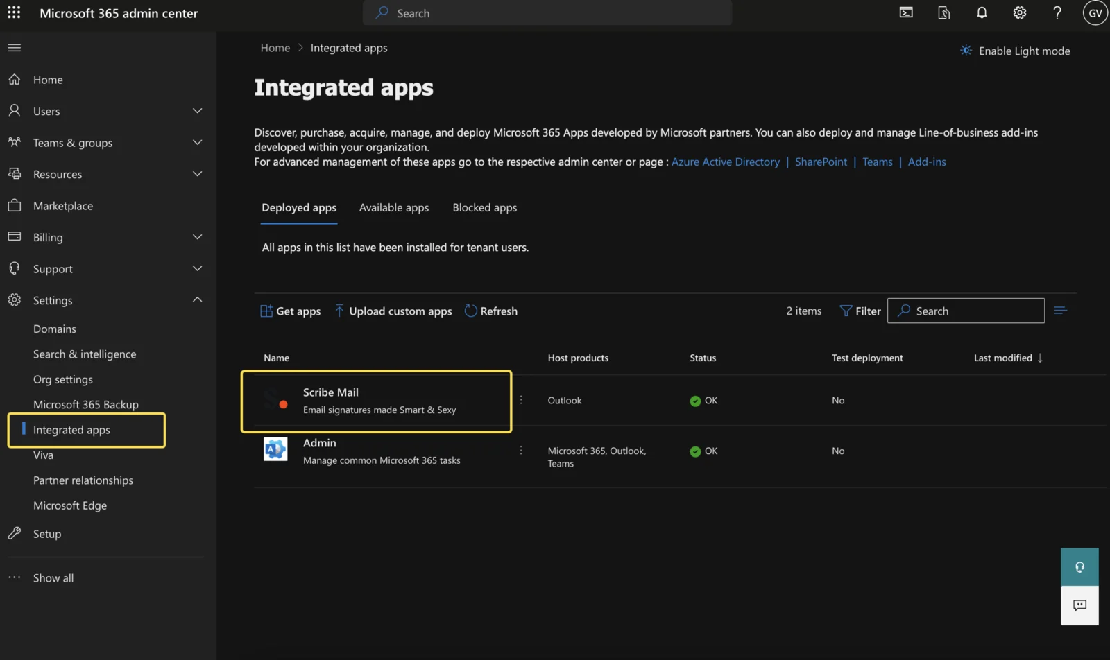 Microsoft 365 Integrated Apps page showing Scribe as a deployed integrated app