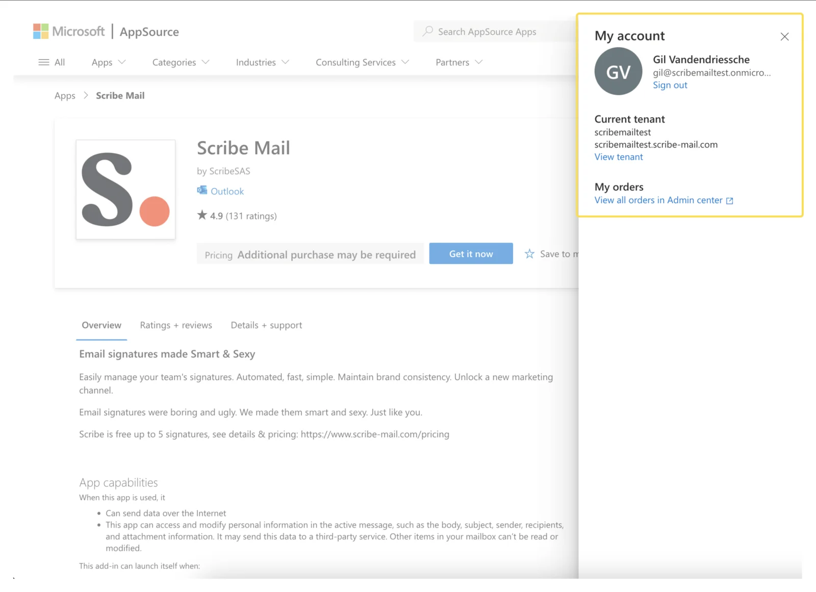 Microsoft AppSource account selector for Scribe add-in installation
