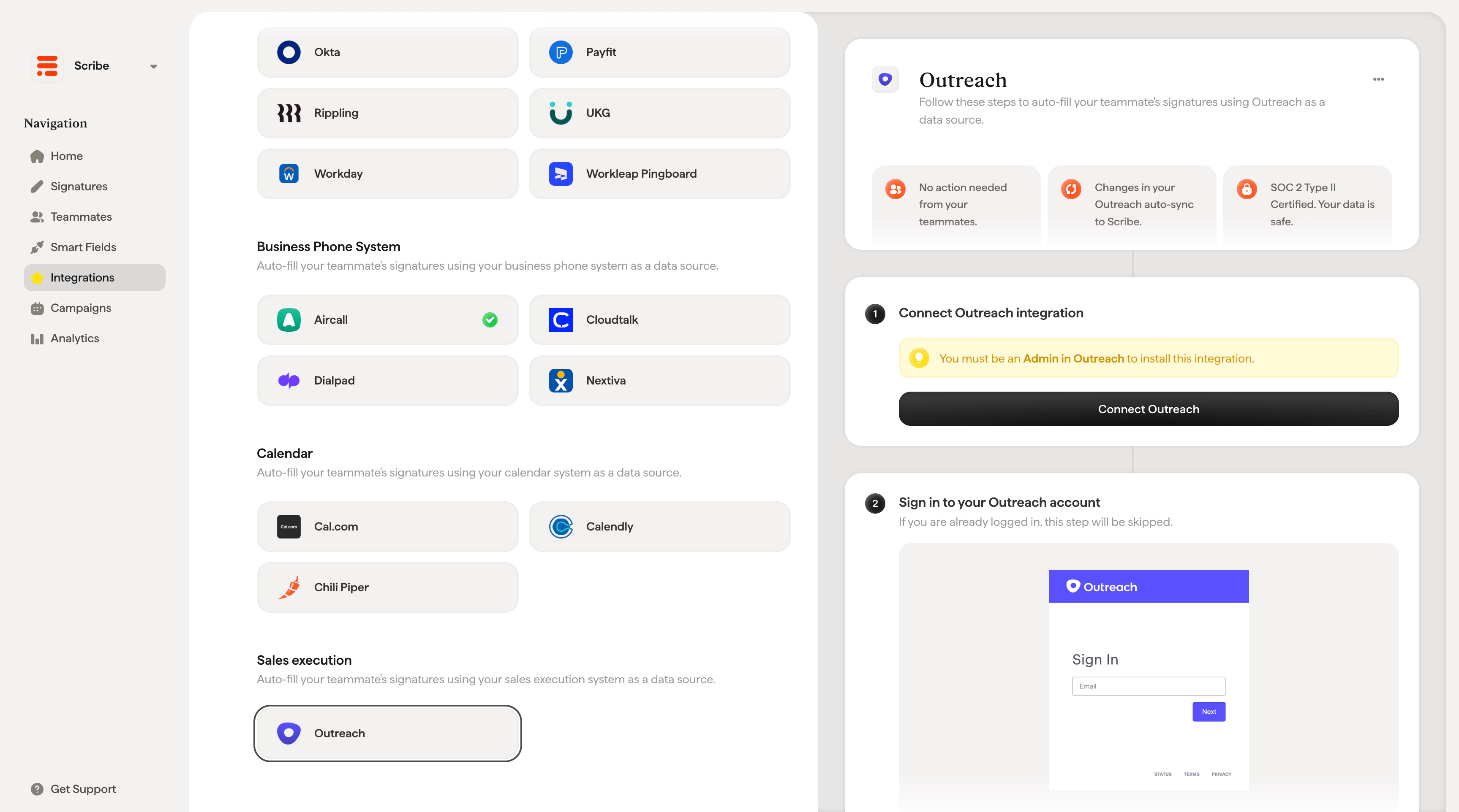 Scribe Integrations page with Outreach selected as a smart fields data source and the Connect Outreach panel