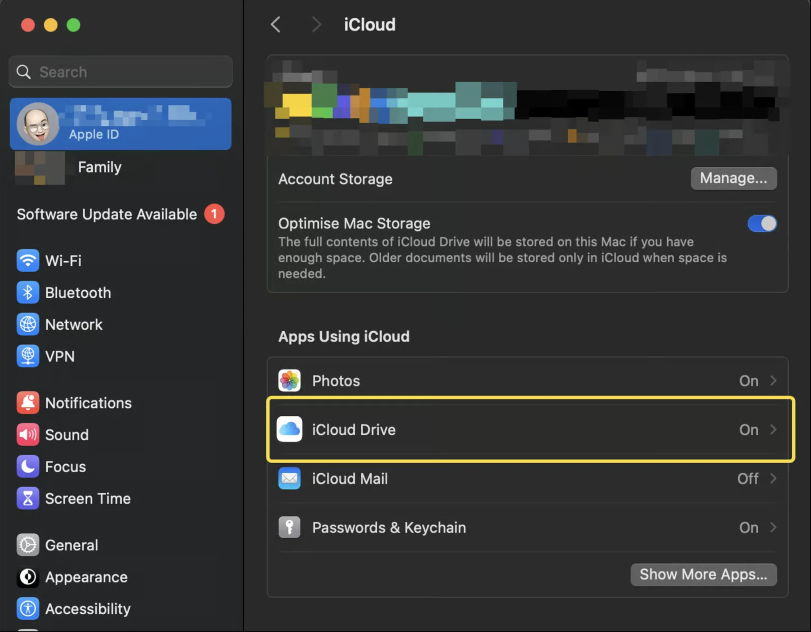 Painel de configurações do iCloud com a opção iCloud Drive em destaque