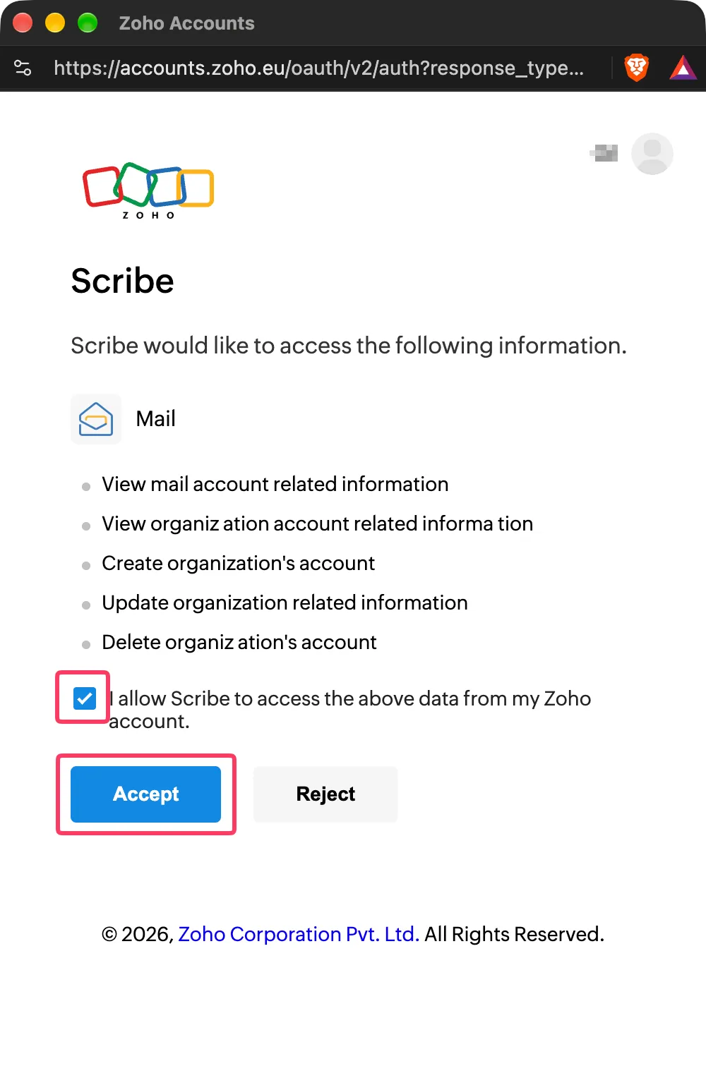 Schermata di consenso di Zoho con l'elenco degli ambiti Mail richiesti da Scribe per le firme