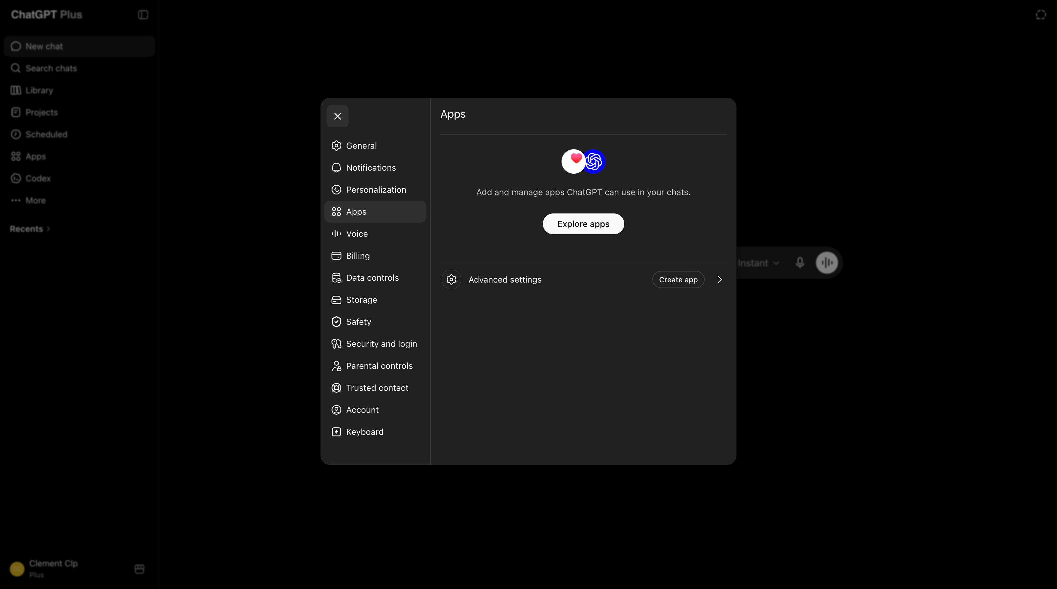 Advanced settings의 Create app 버튼이 있는 Apps 탭의 ChatGPT Settings
