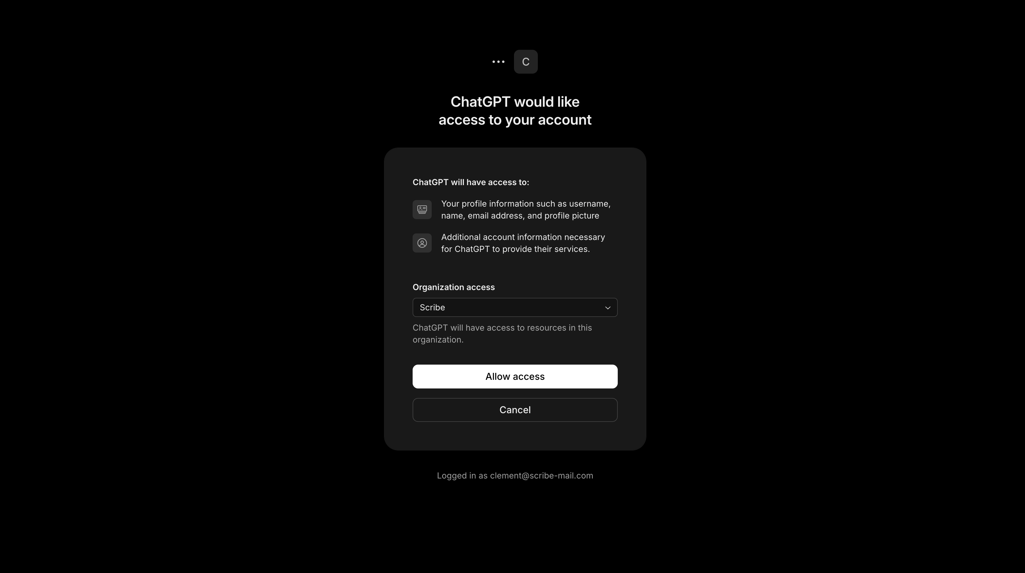 Scribe 계정과 조직에 대한 액세스를 허용하는 ChatGPT 인증 화면