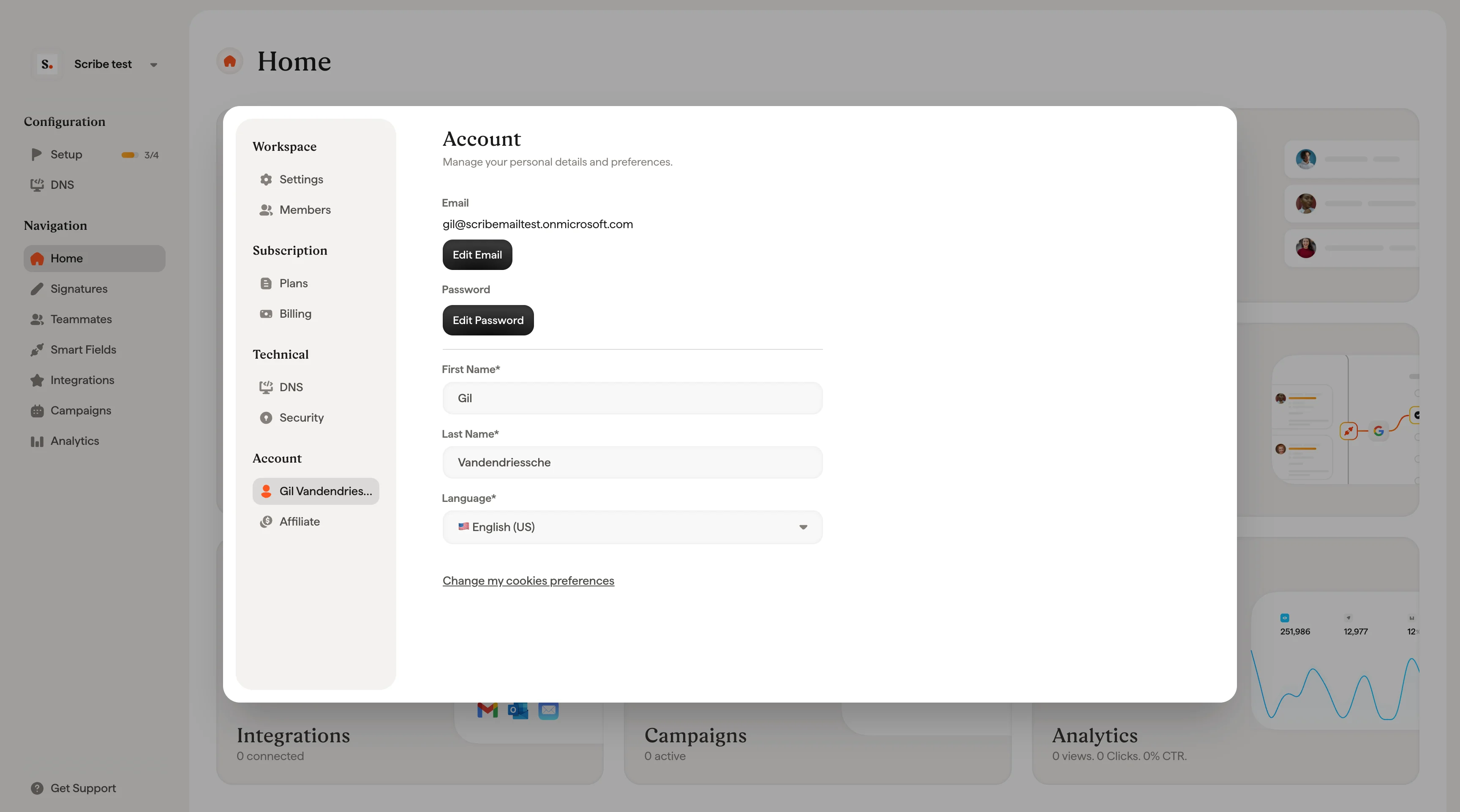 Kontoeinstellungsseite mit Profilbild, Namens- und E-Mail-Feldern