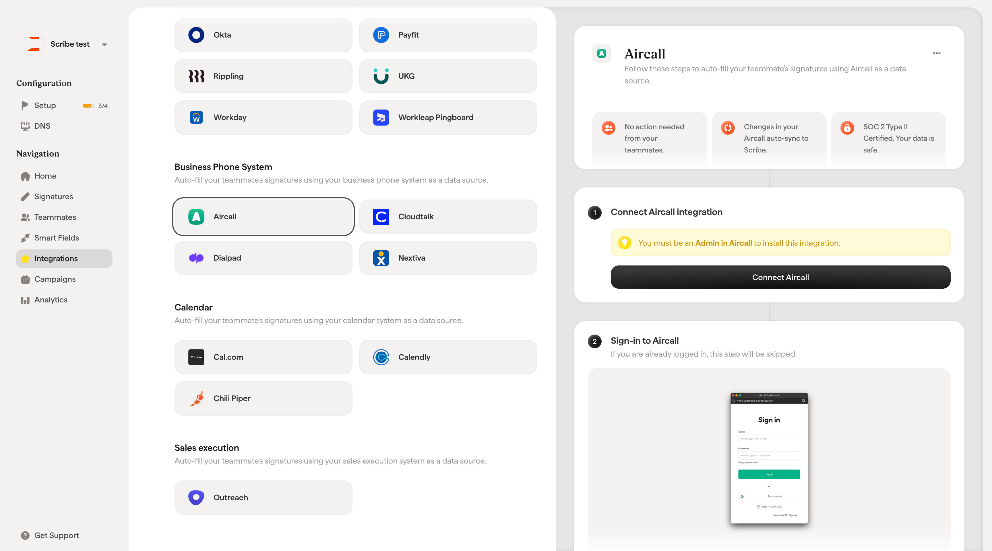 Connect Aircall button in Scribe integration setup