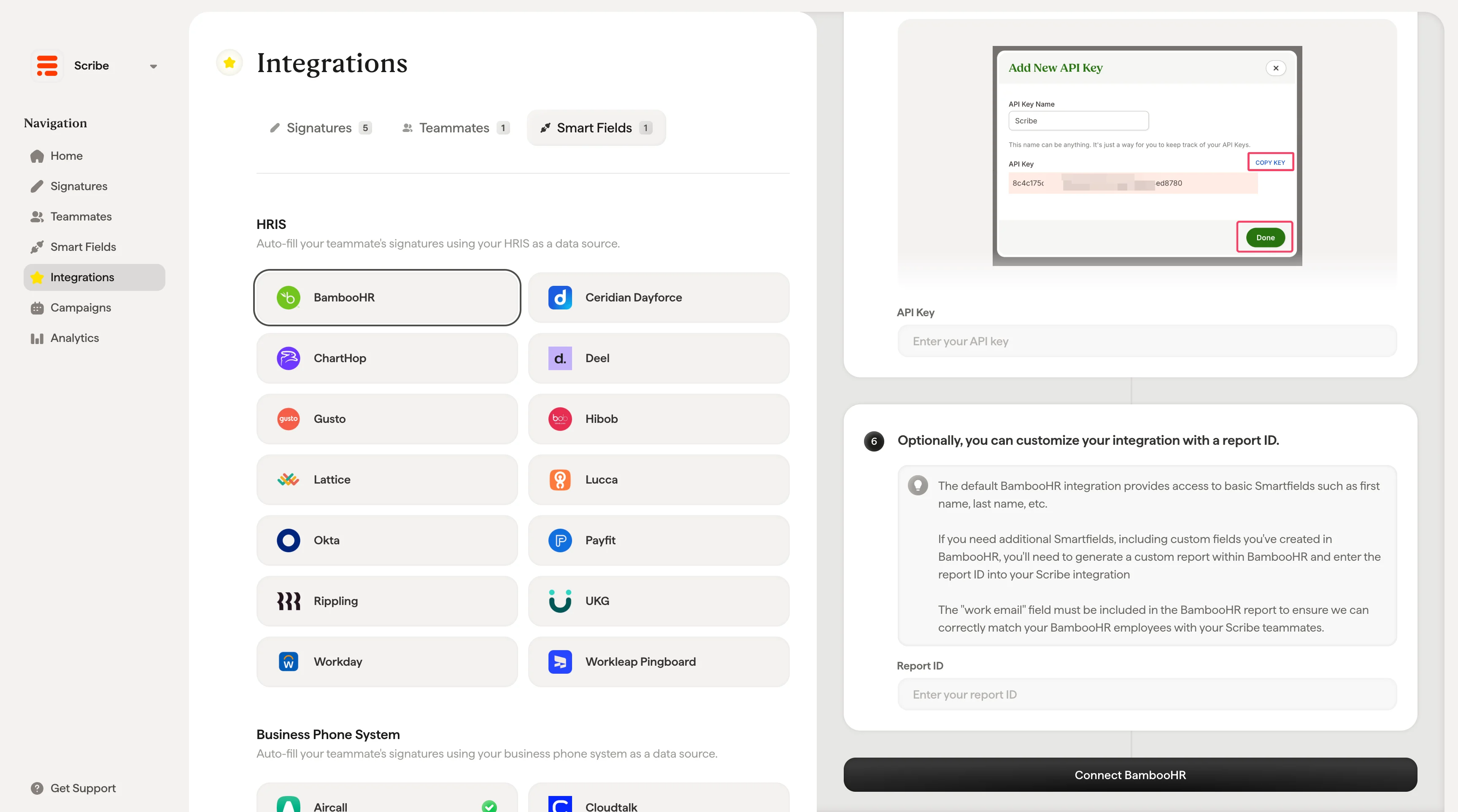 Campo ID report BambooHR e pulsante Connect BambooHR in Scribe