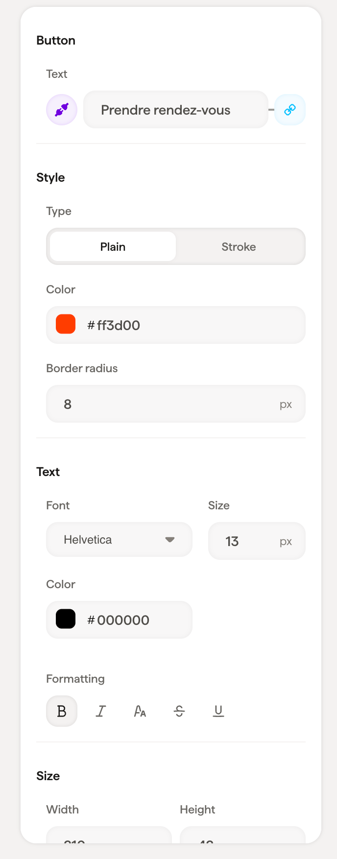 Button block settings panel with style and size options Button block settings panel with style and size options