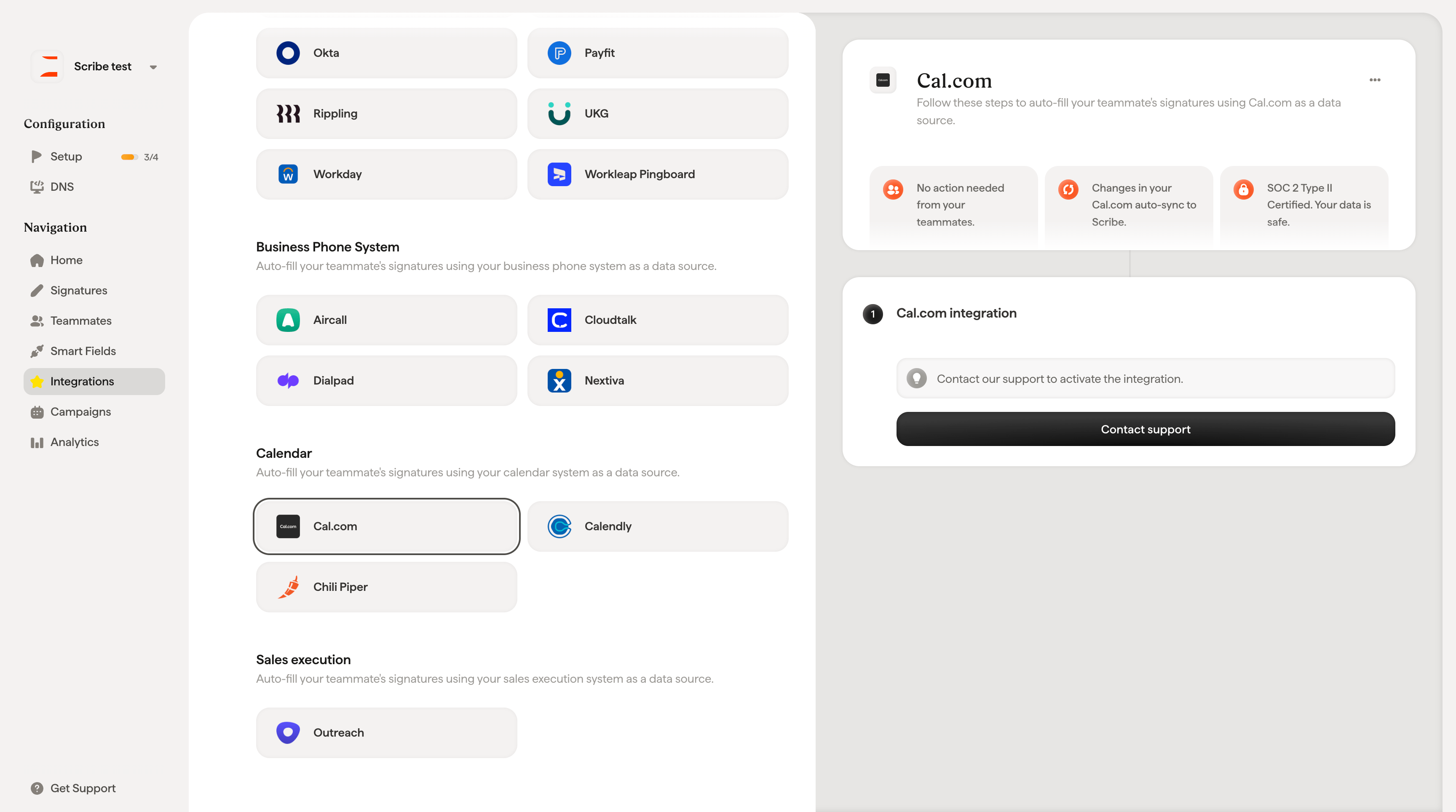 Cal.com integration contact support button in Scribe
