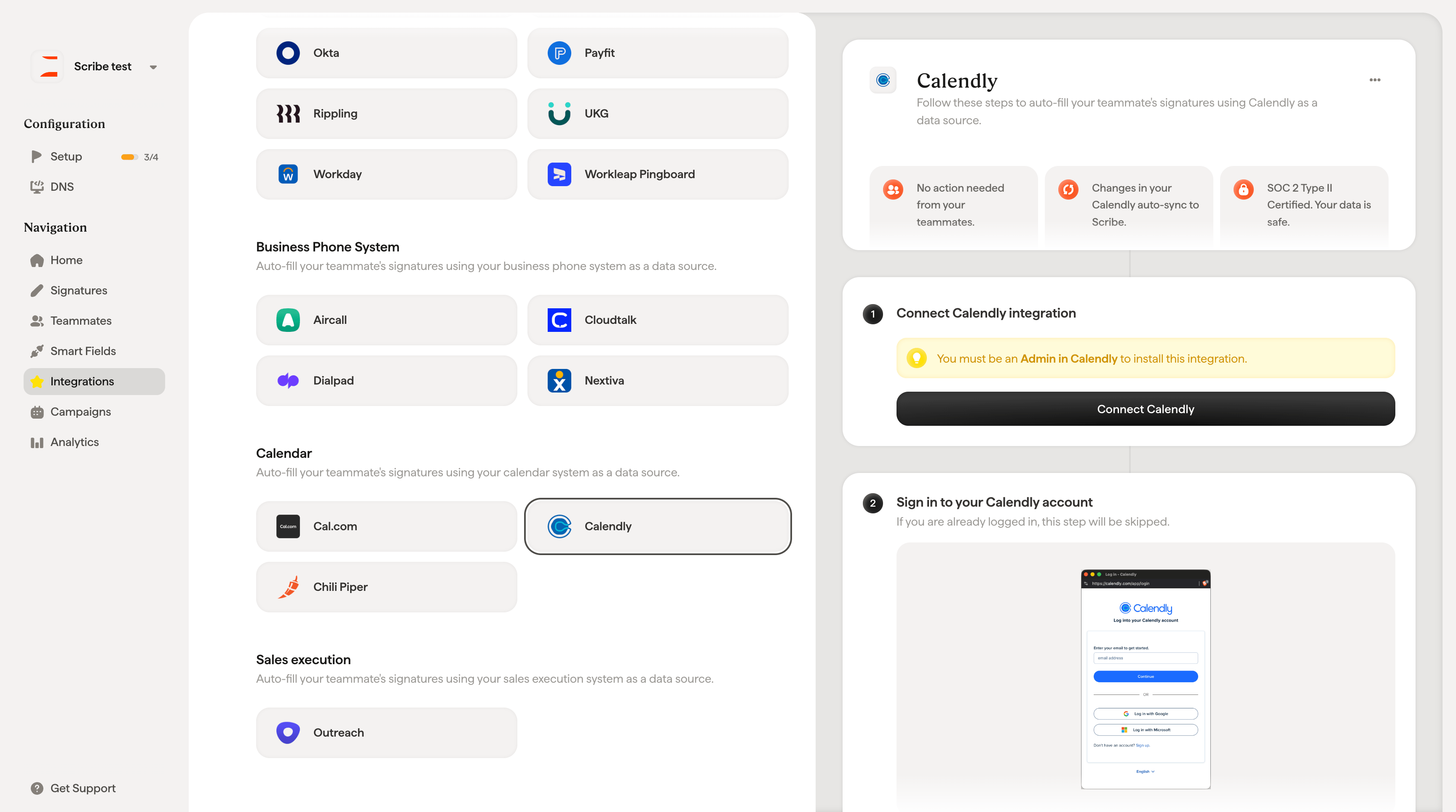Connect Calendly button in Scribe integration setup