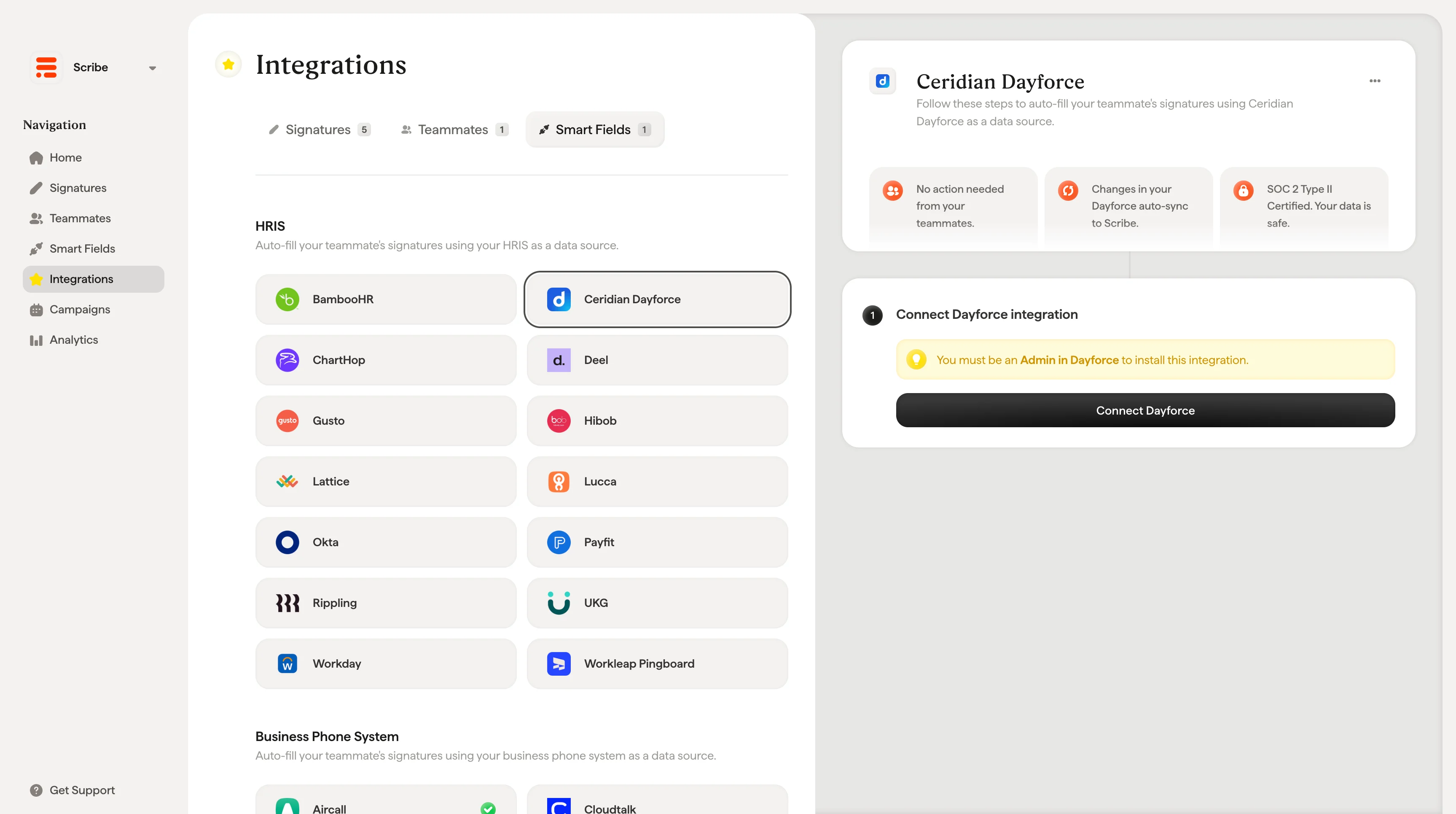 Tombol hubungi support integrasi Ceridian Dayforce di Scribe