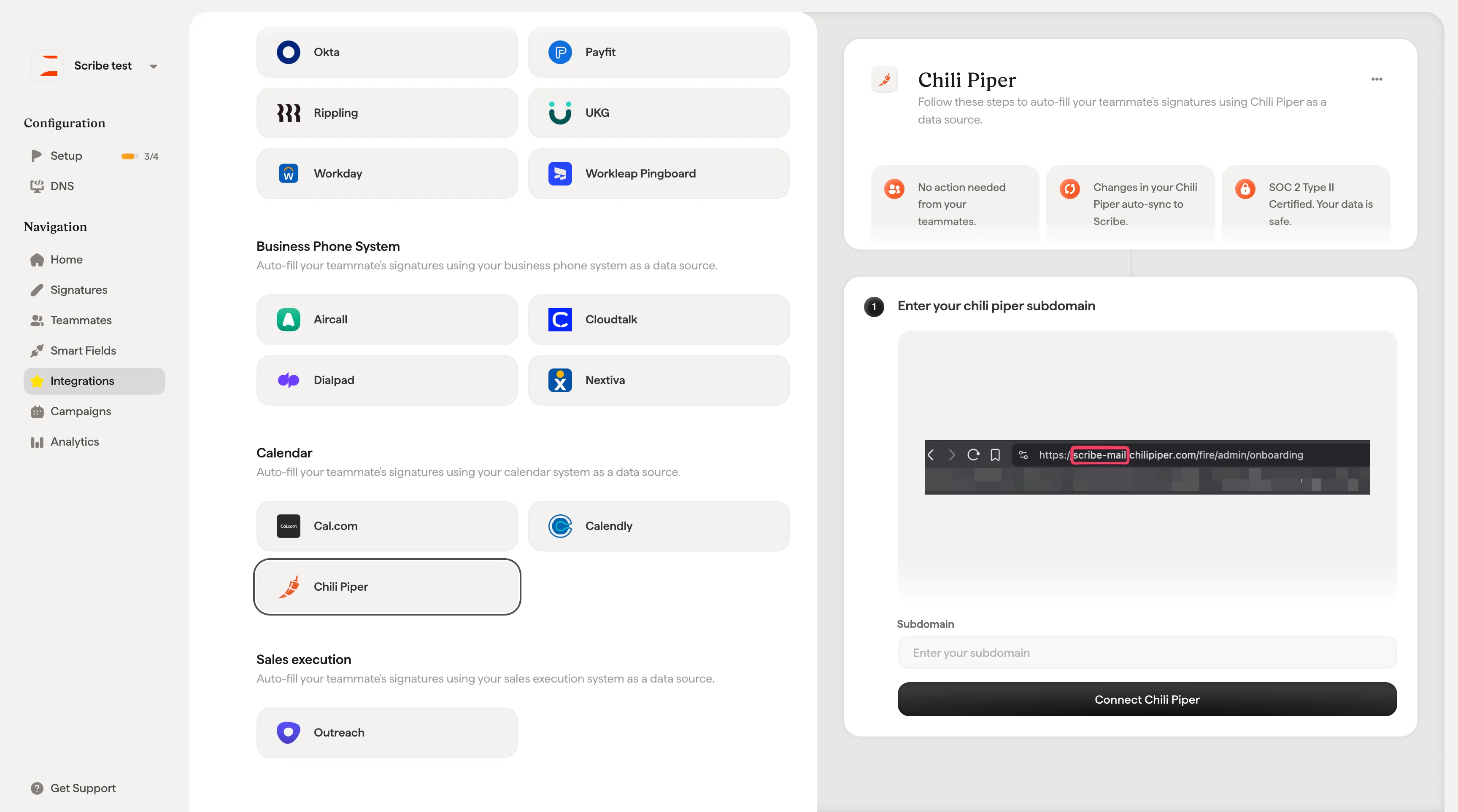 Champ Subdomain de Chili Piper avec le bouton Connect Chili Piper dans Scribe Champ Subdomain de Chili Piper avec le bouton Connect Chili Piper dans Scribe
