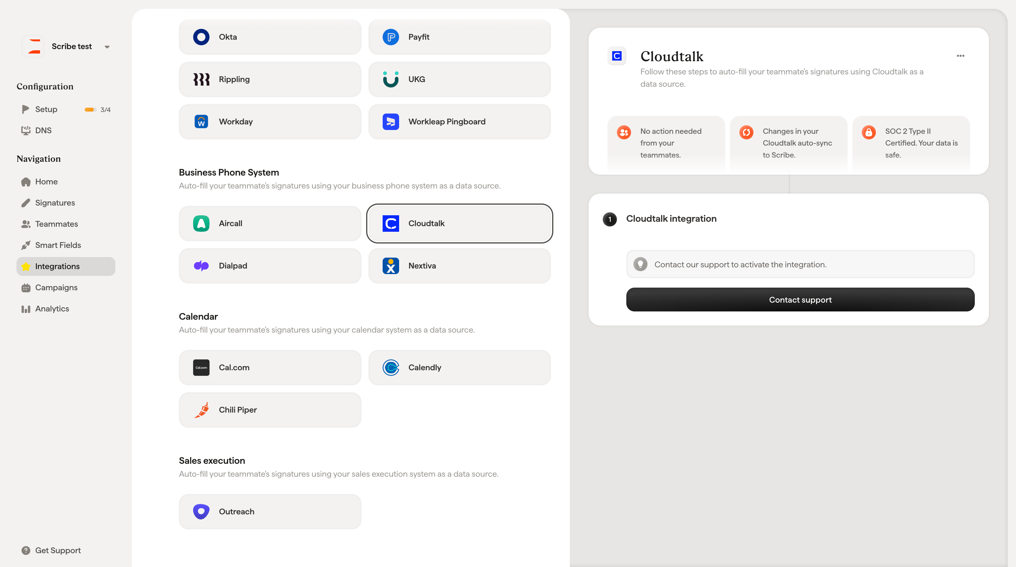 Cloudtalk integration contact support button in Scribe