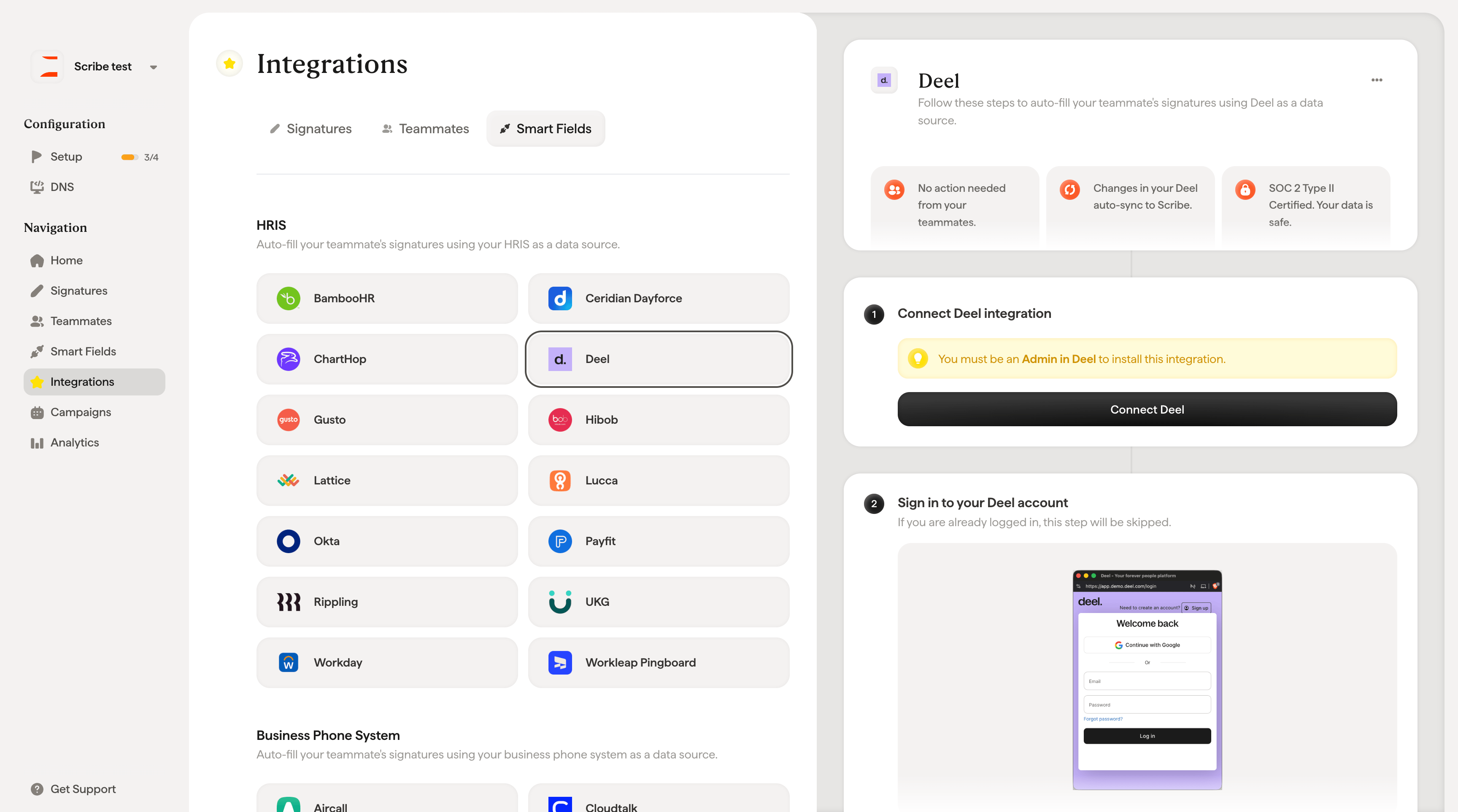 Connect Deel button in Scribe integration setup