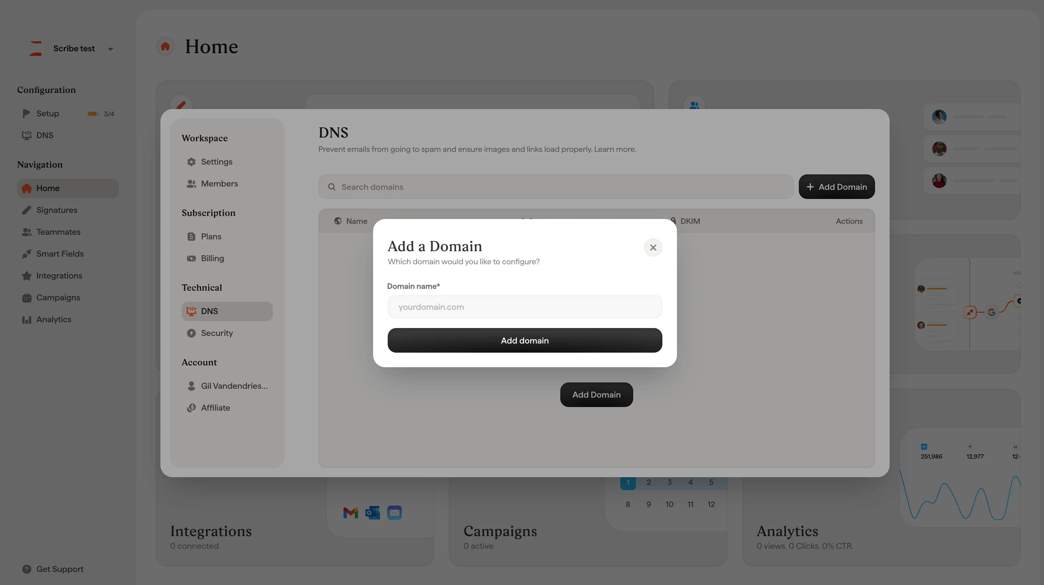 Scheda impostazioni DNS di Scribe con il pulsante Configura per il dominio esistente