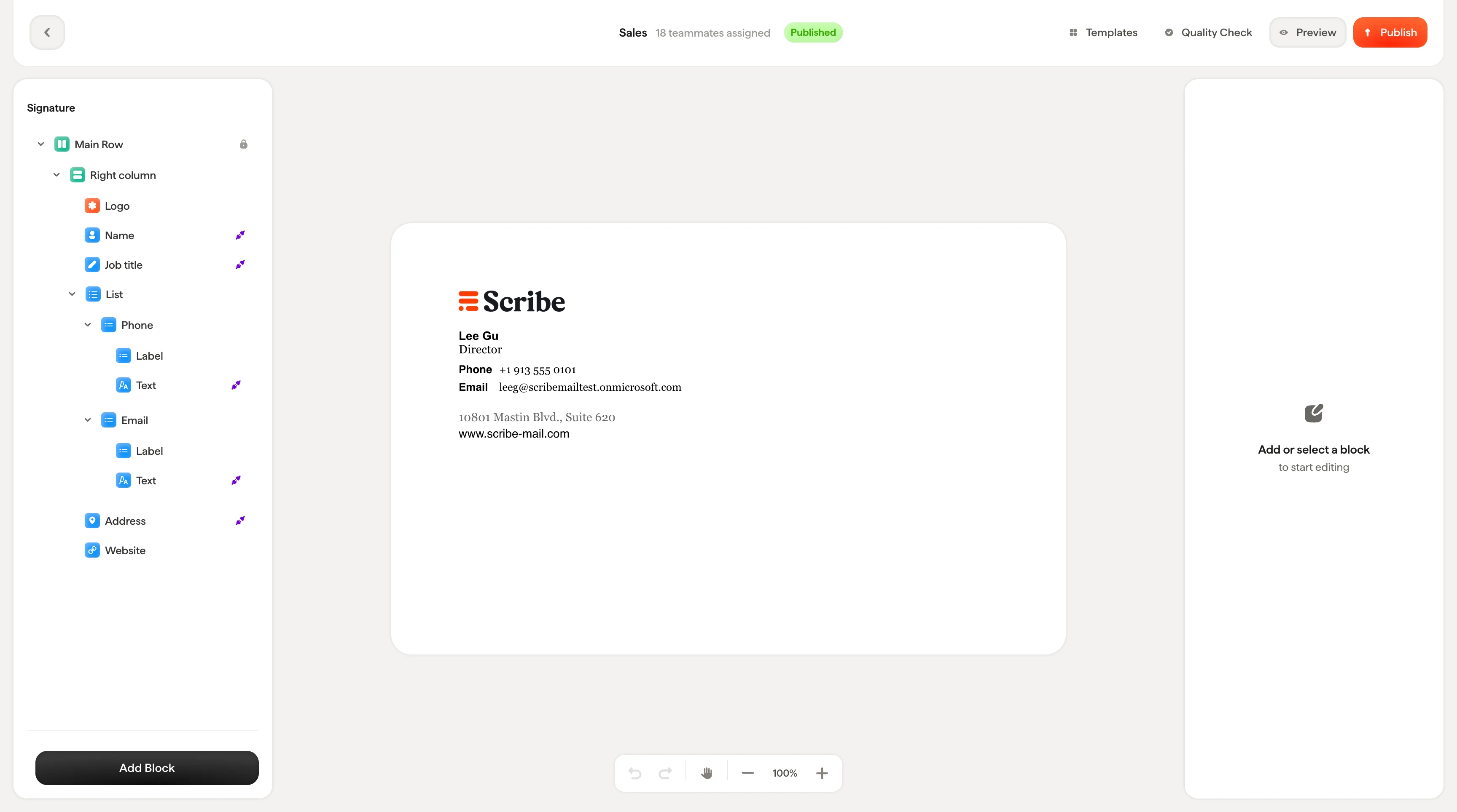 Drei-Panel-Layout des Scribe-Editors mit Baum, Canvas und Styling-Panel