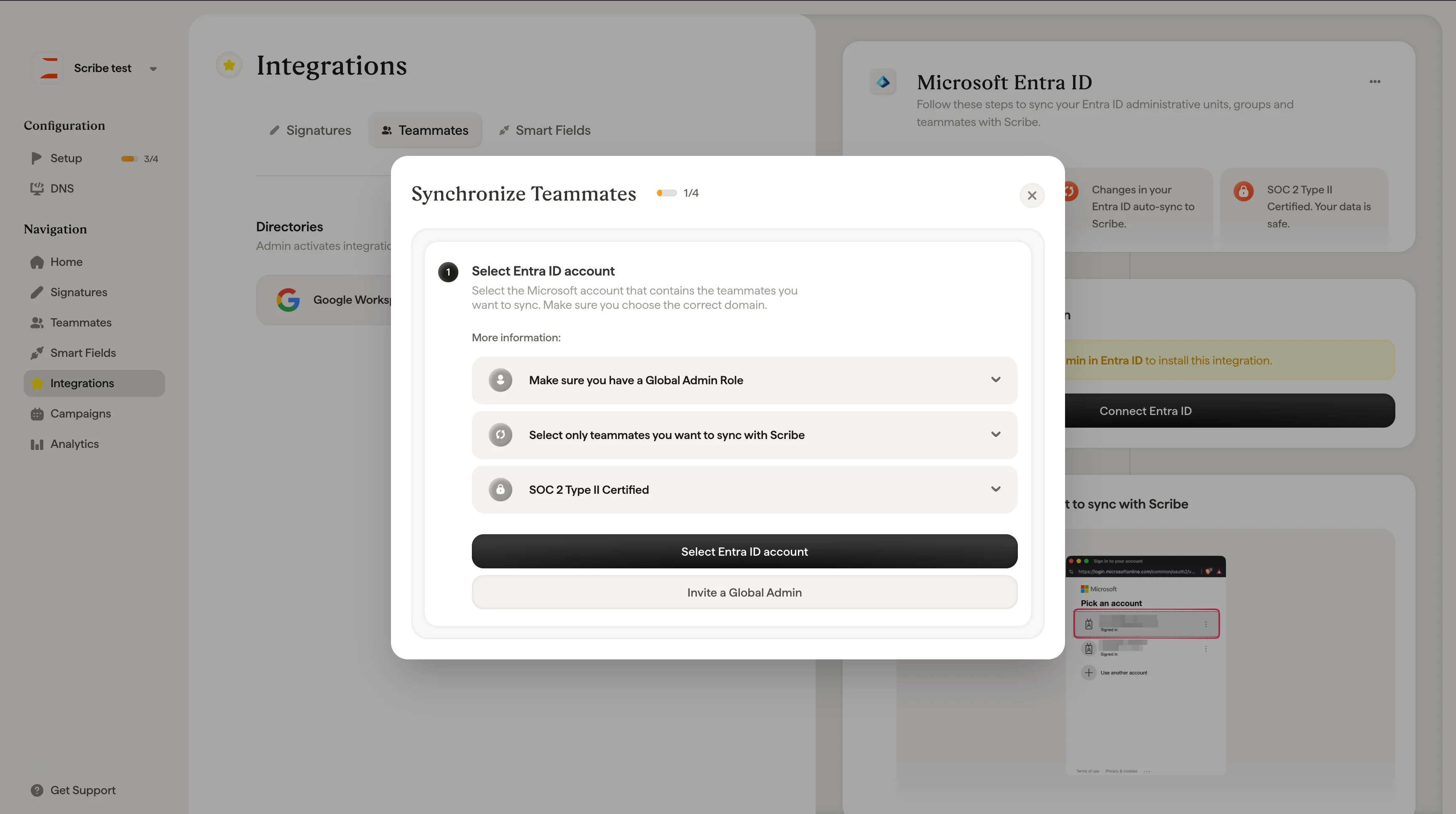 Dialog „Connect Entra ID“ mit den vier Einrichtungsschritten vor der Autorisierung
