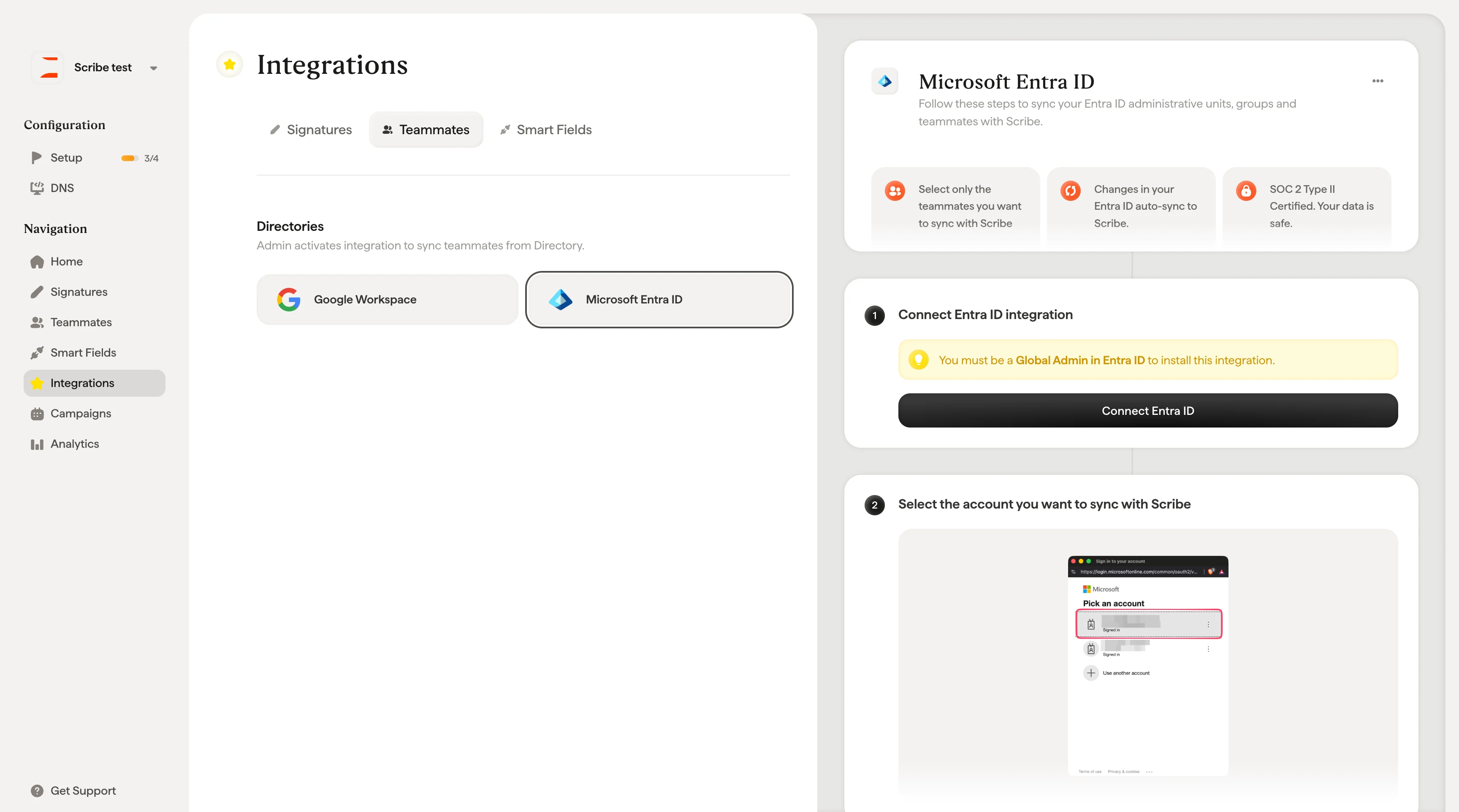 Microsoft Entra ID-Integrationskarte auf der Seite Einstellungen → Integrationen in Scribe