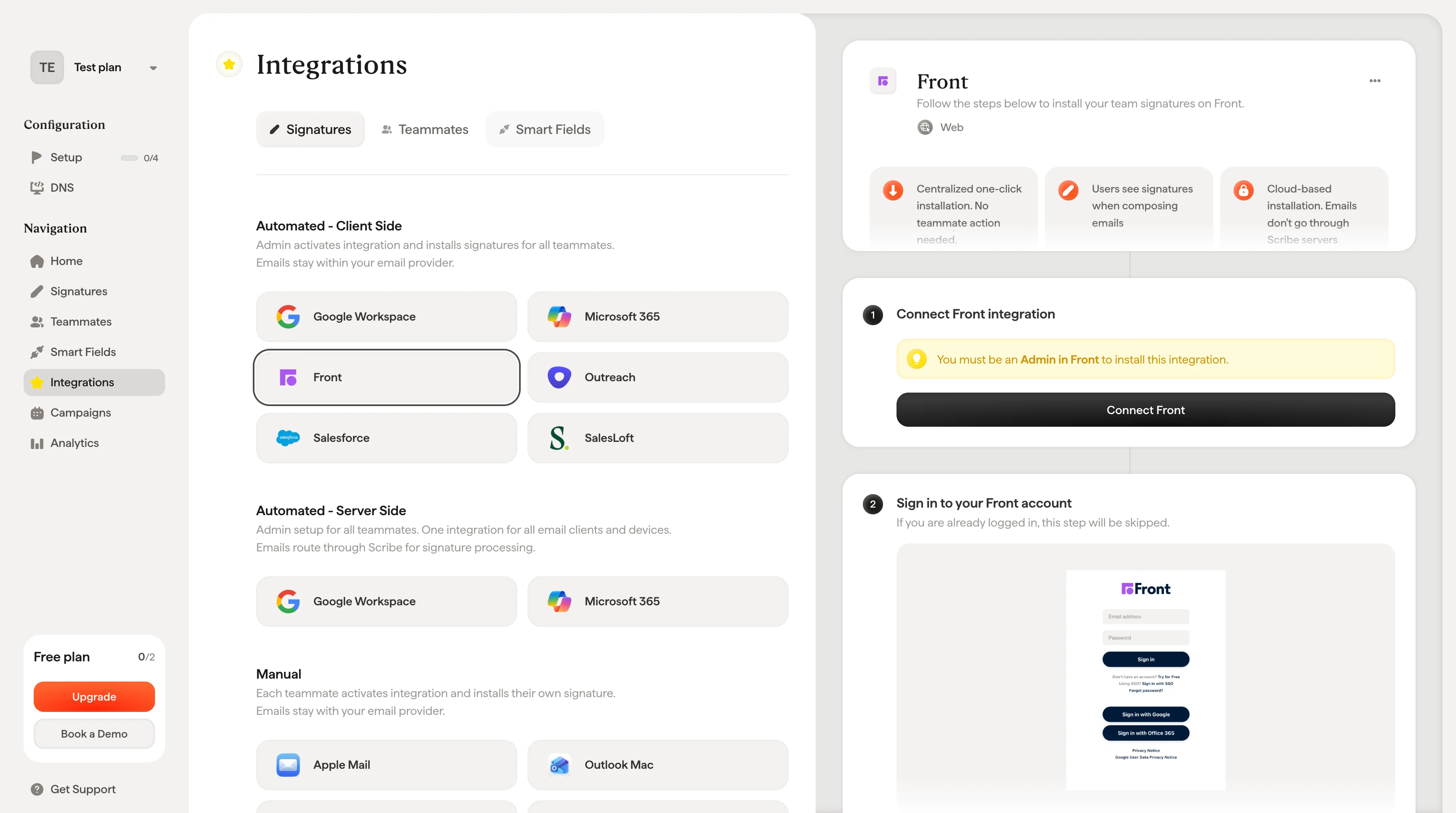 Connect Front button in Scribe signatures setup