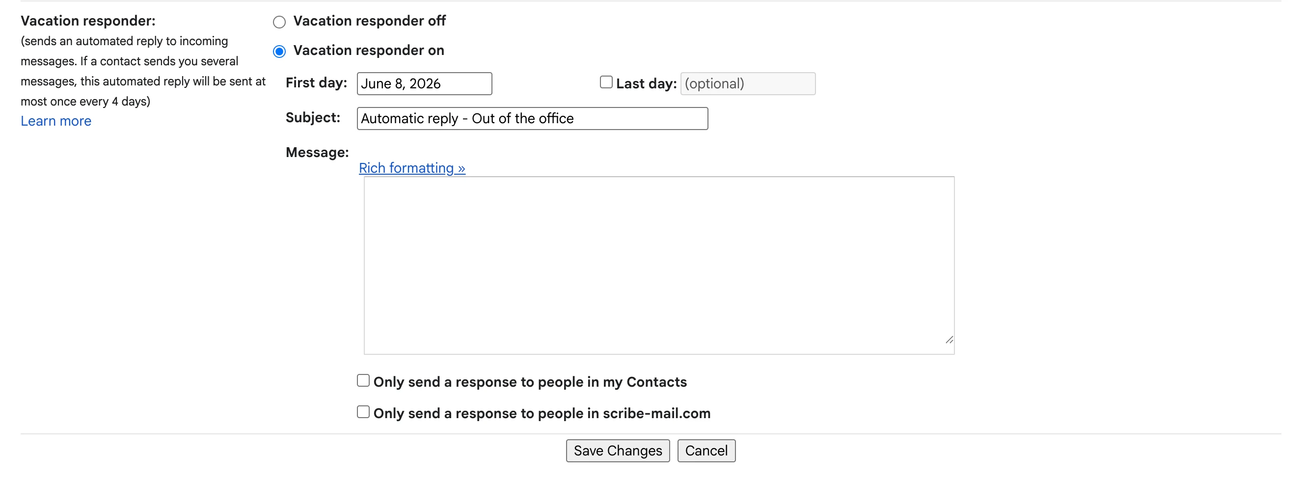 Gmail vacation responder toolbar with Plain text toggle to enable rich formatting
