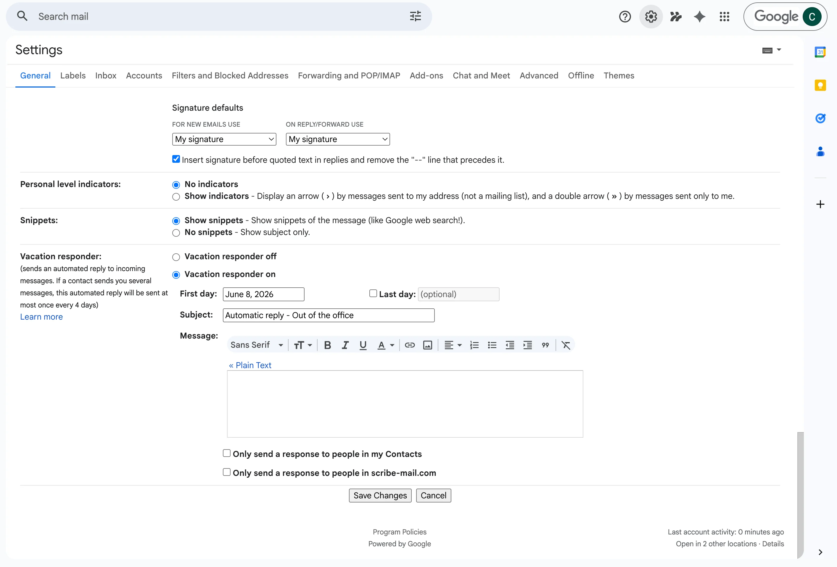 Gmail top-right cog icon with See all settings option Gmail top-right cog icon with See all settings option