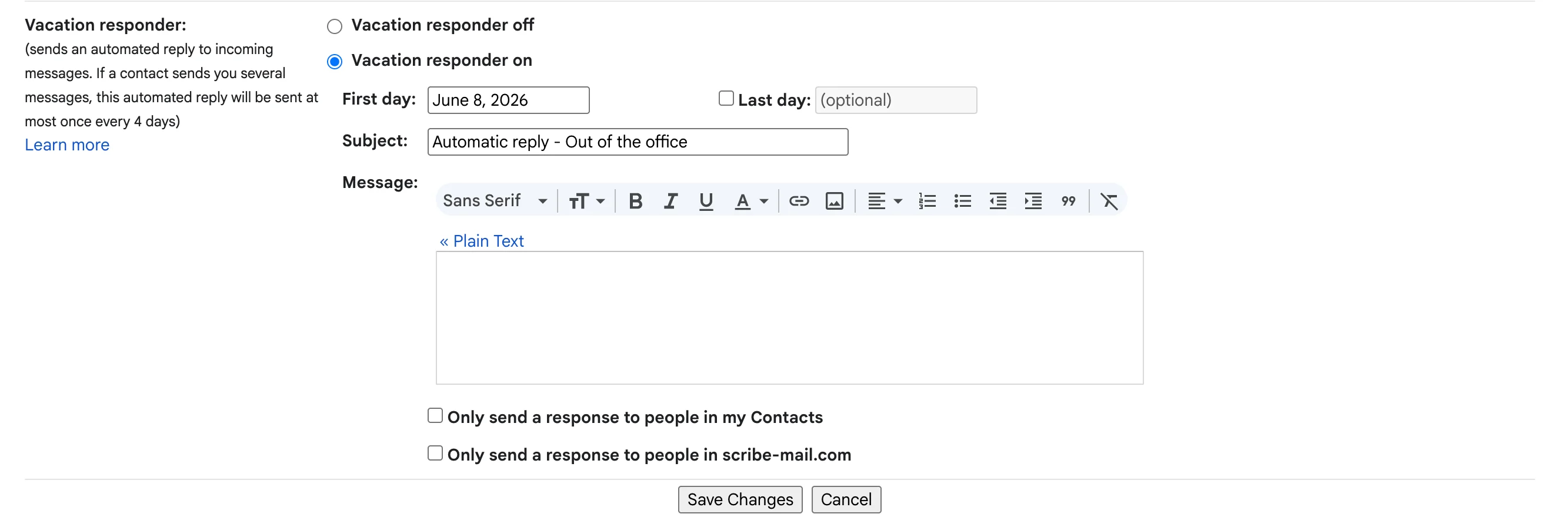 Gmail settings Vacation Responder section with message and date fields