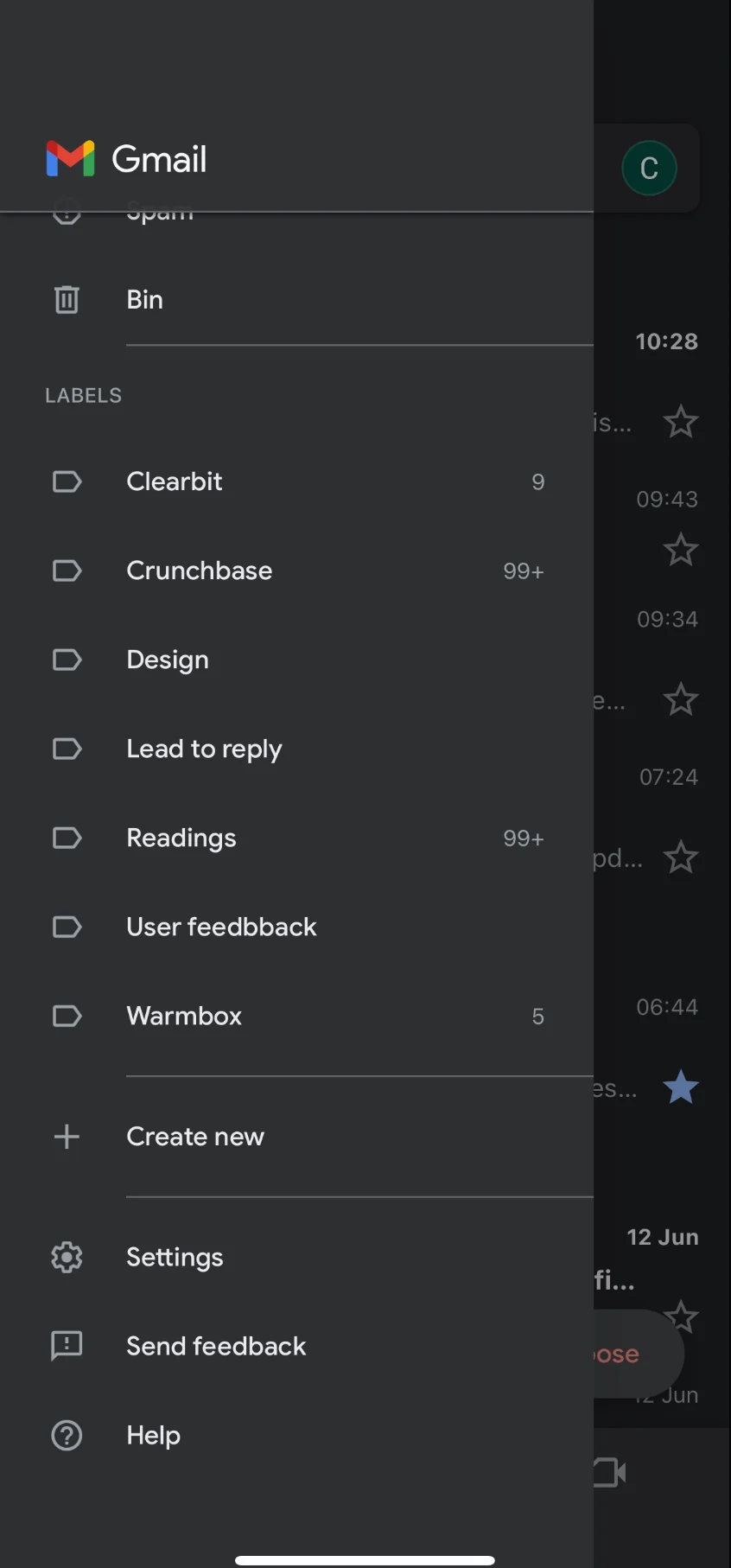 Gmail iOS app hamburger menu with Settings option Gmail iOS app hamburger menu with Settings option