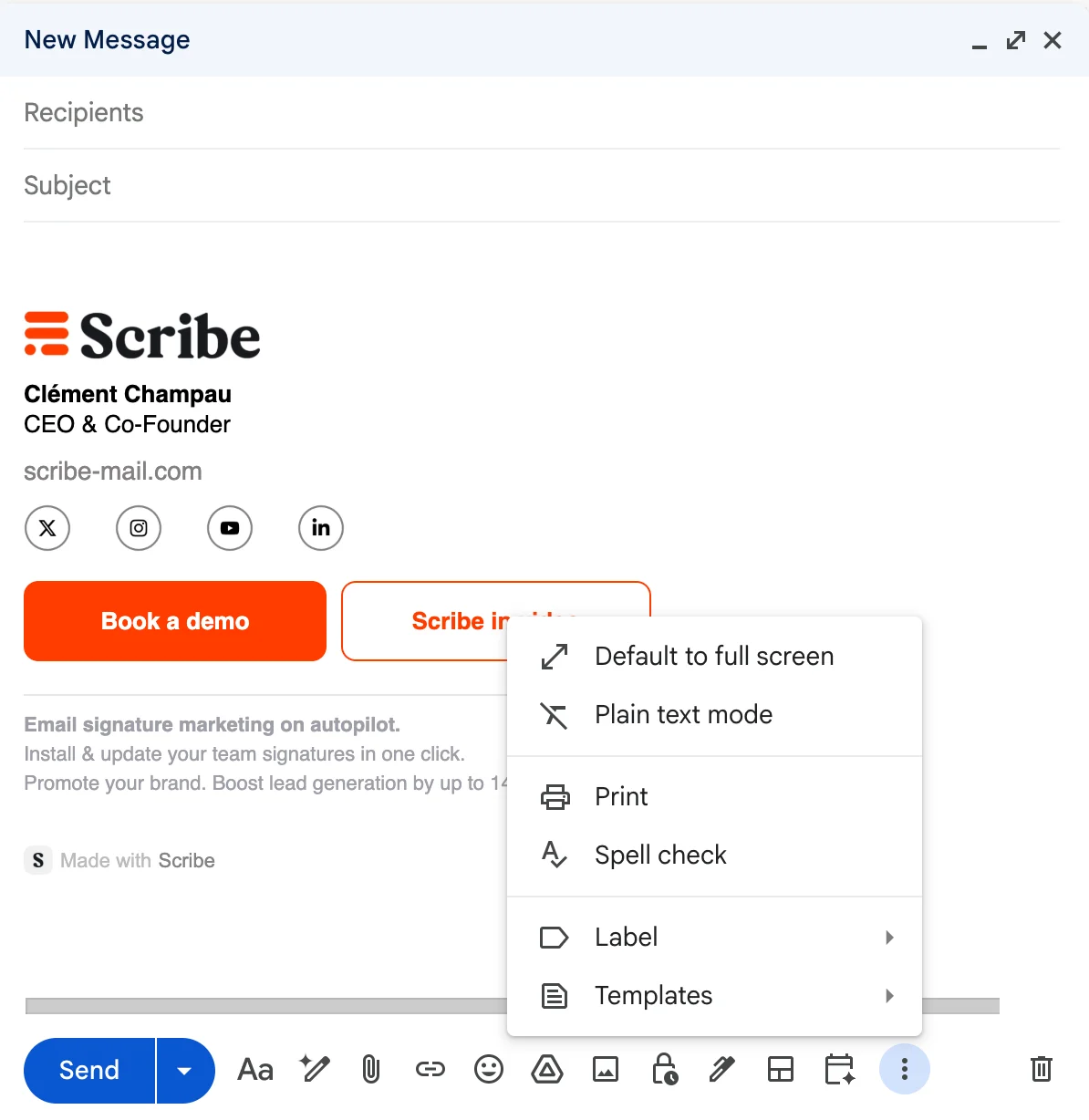 Menú Más opciones de la ventana de redacción de Gmail con el modo de texto sin formato desmarcado Menú Más opciones de la ventana de redacción de Gmail con el modo de texto sin formato desmarcado