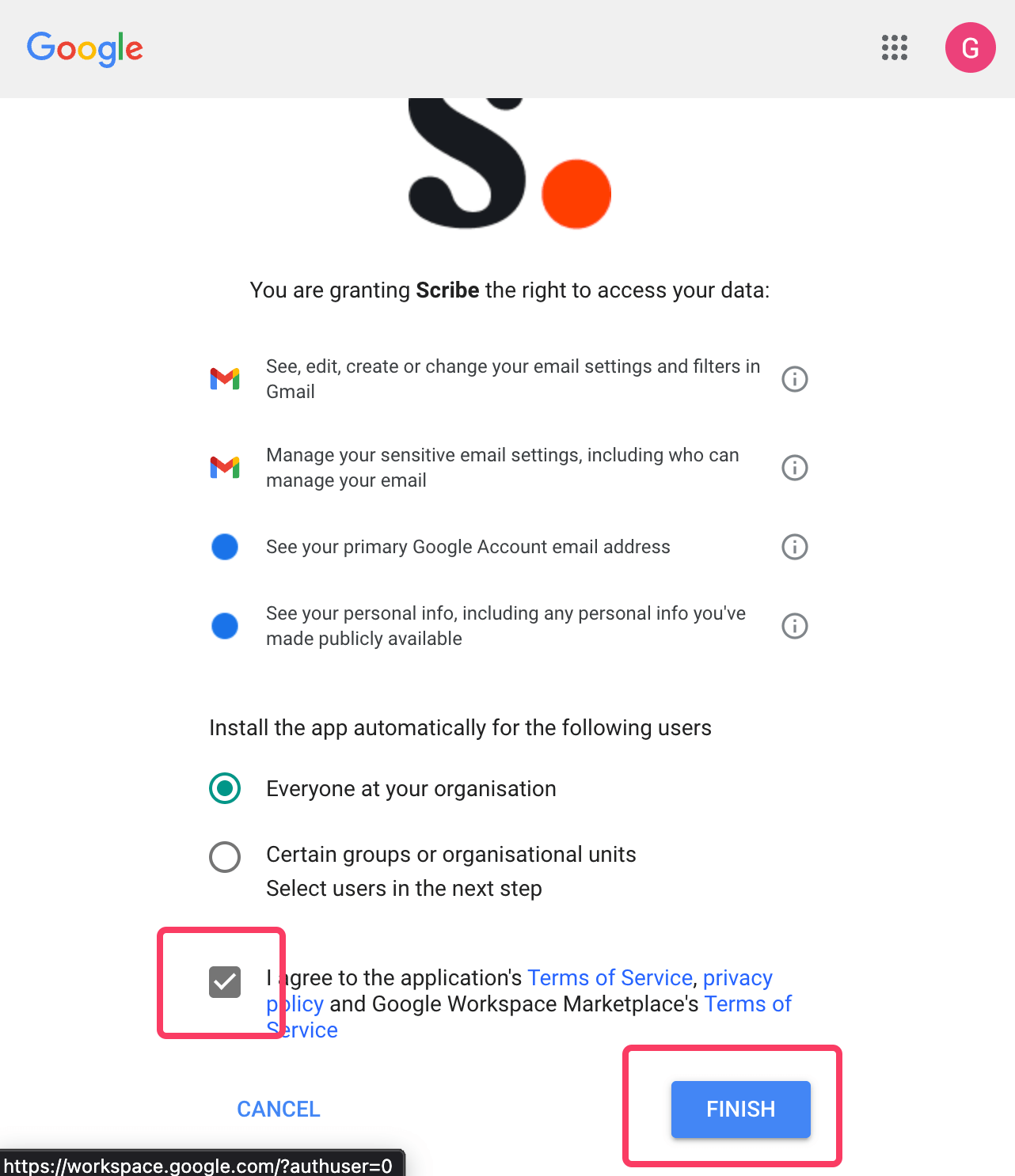 Installatiedialoog van Google Workspace Marketplace met Everyone at your organization geselecteerd Installatiedialoog van Google Workspace Marketplace met Everyone at your organization geselecteerd