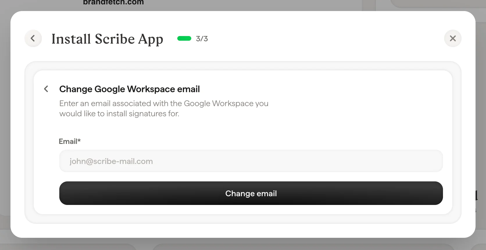 Scribe Google Workspace-integratiepagina met optie om e-mailadres te wijzigen na installatie