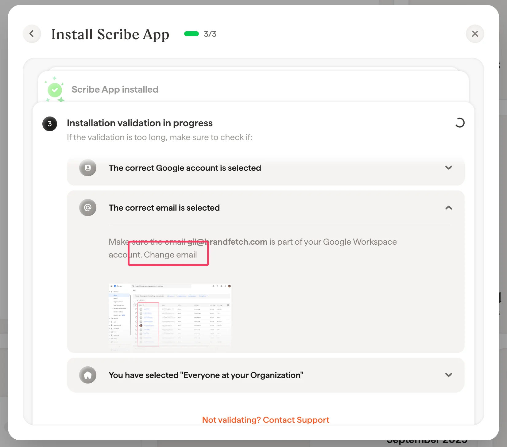 Scribe Google Workspace-integratiepagina met optie om e-mailadres te wijzigen tijdens validatie